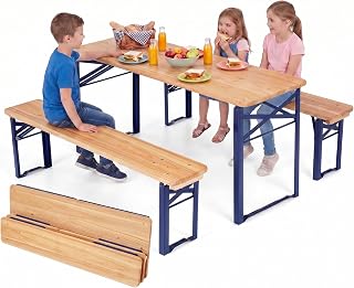 HONEY JOY Kids Picnic Table, 43.5 Inch Folding Toddler Outdoor Table & 2 Benches, Fir Wood Top & Metal Frame, No Assembly, Portable Easy to Store Camping Table and Chairs for Patio Backyard (Blue)