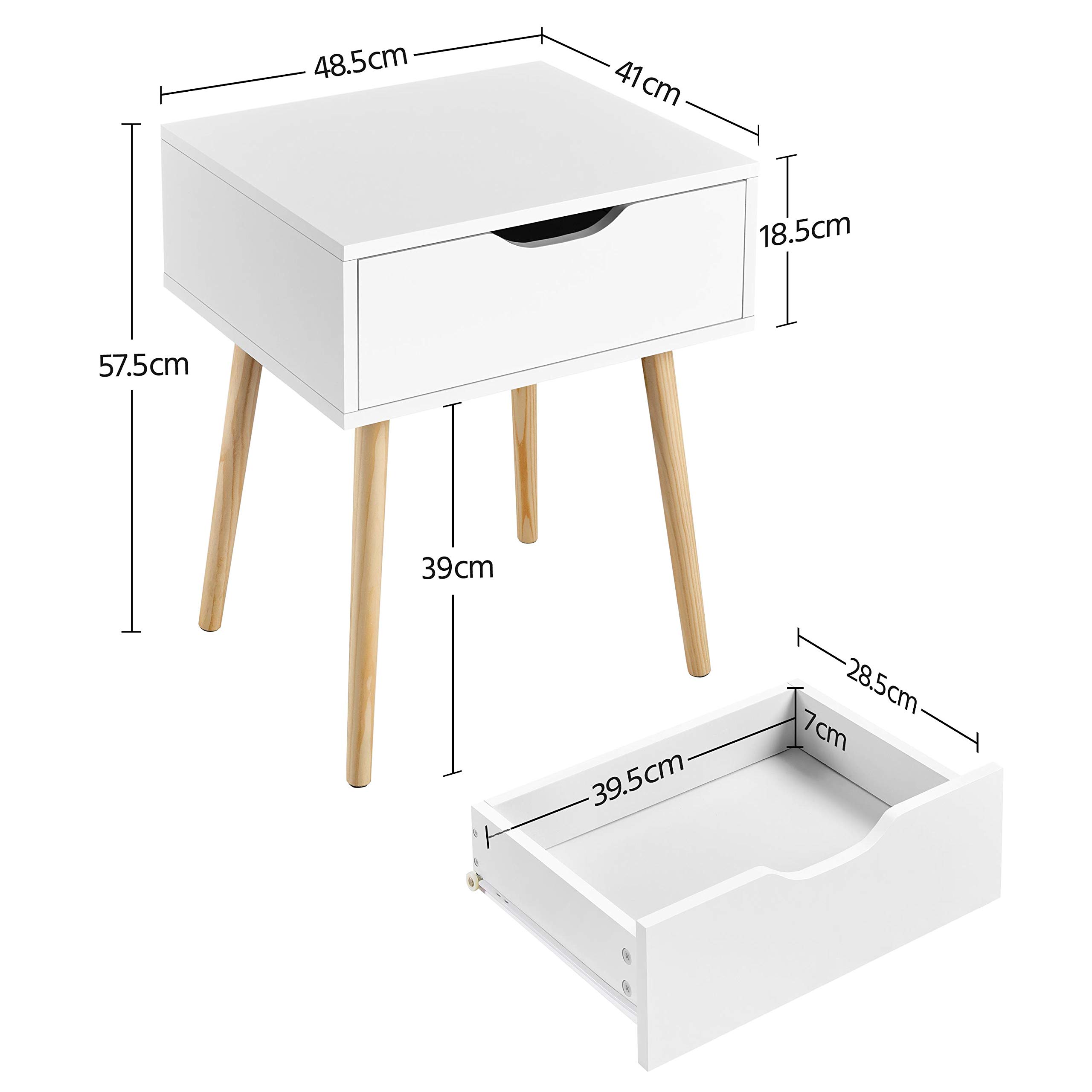 Yaheetech 2 Piezas Mesillas de Noche Dormitorio Nordica Mesitas de Noche | con Pata Madera Maciza Mesa Auxiliar con Cajón 48,5x41x57,5cm para Dormitorio Sala de Estar Salón Blanca