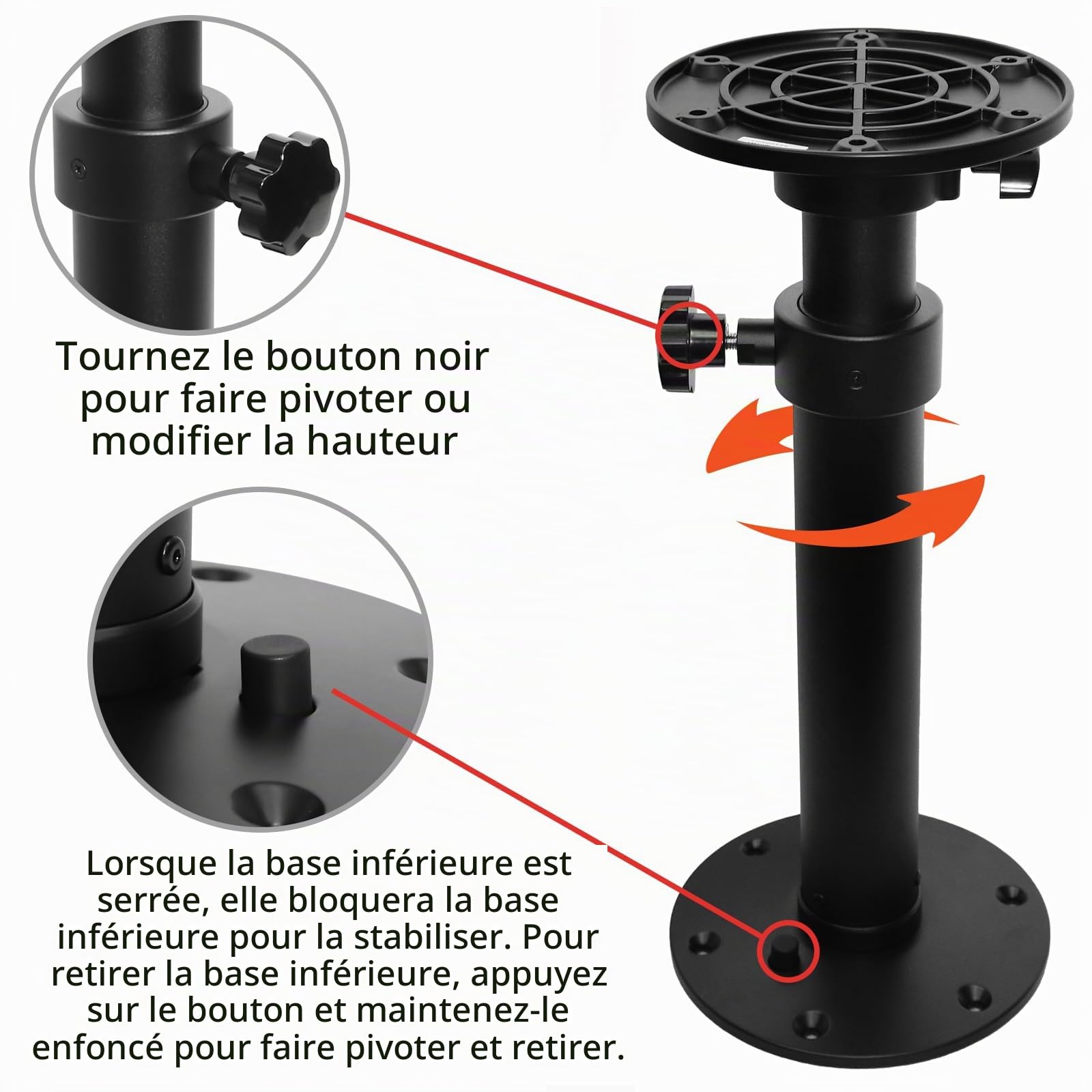 Pieds de table de bateau améliorés pour camping-car, pieds de table amovibles et réglables en alliage d'aluminium pour camping-car, cadre de montage de base de 45 à 70 cm de hauteur