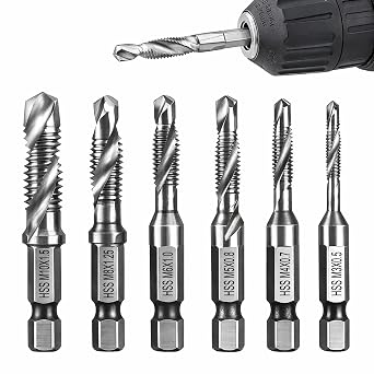 6pcs HSS Drill Bit Set, Spiral Taps,M3 M4 M5 M6 M8 M10 1/4  Hex Shank Screw Thread Tap Drill Bits Set, Durable Titanium Coated Metric Combination Drill Ta-p Bit Tapp for Hard Steel Tapping Machine