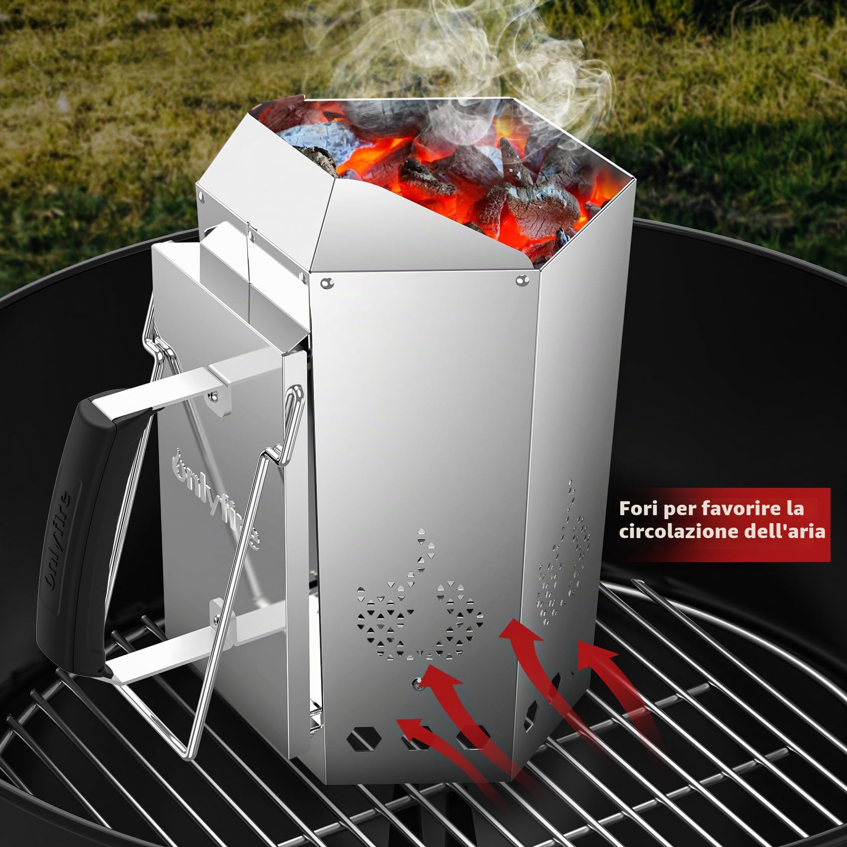 onlyfire Ciminiera Accenditore in Acciaio Inox, Starter per Camini da Barbecue con Sicurezza Isolata Termicamente e Manici in Metallo, Accenditore Rapido per Barbecue e Griglie a Carbonella