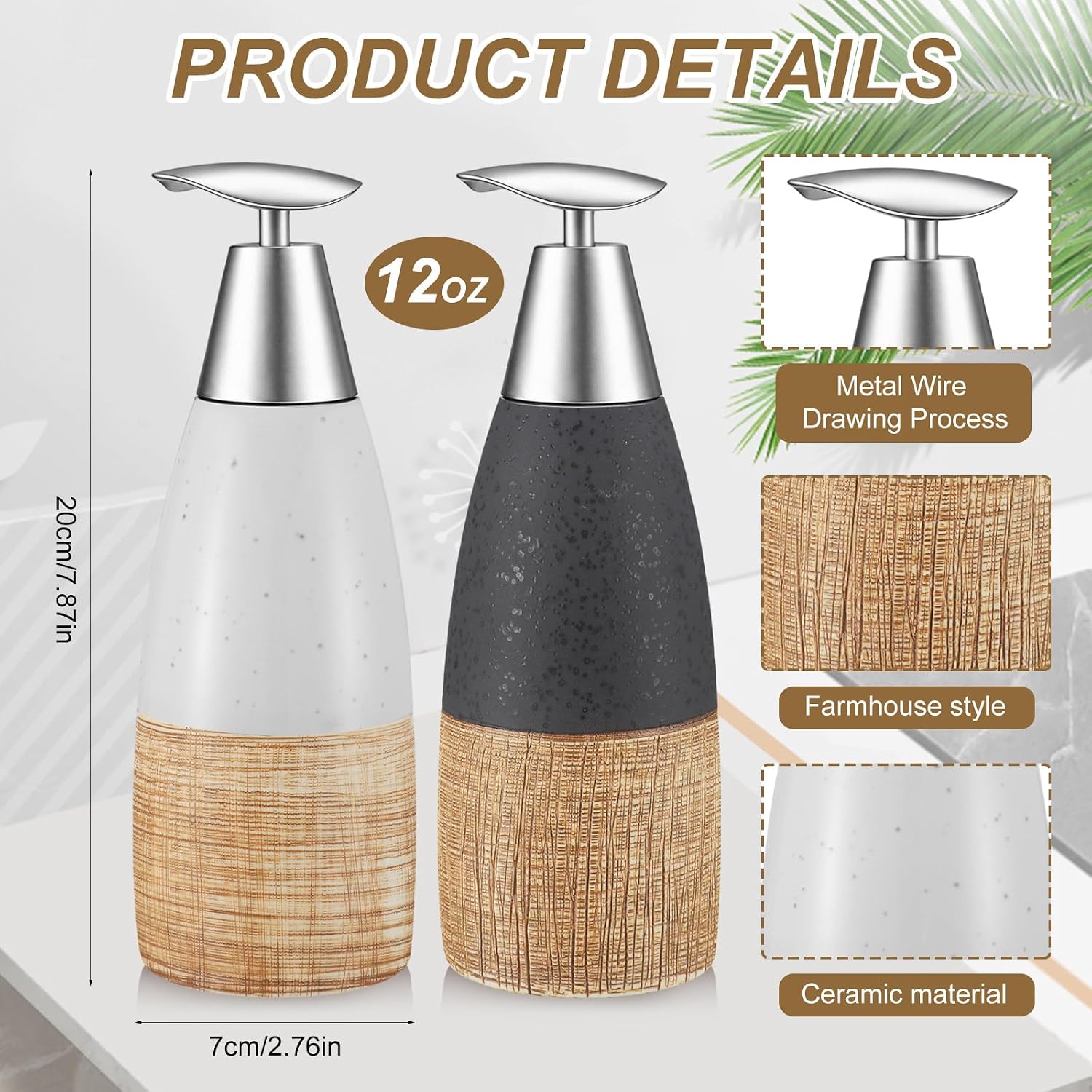 2 Pcs Ceramic Soap Dispenser Set Hand and Dish Soap Dispensers for Bathroom Kitchen, 12 oz Shampoo Conditioner Dispenser Refillable Empty Bottle with Funnel for Modern Elegant Home Decor image 2