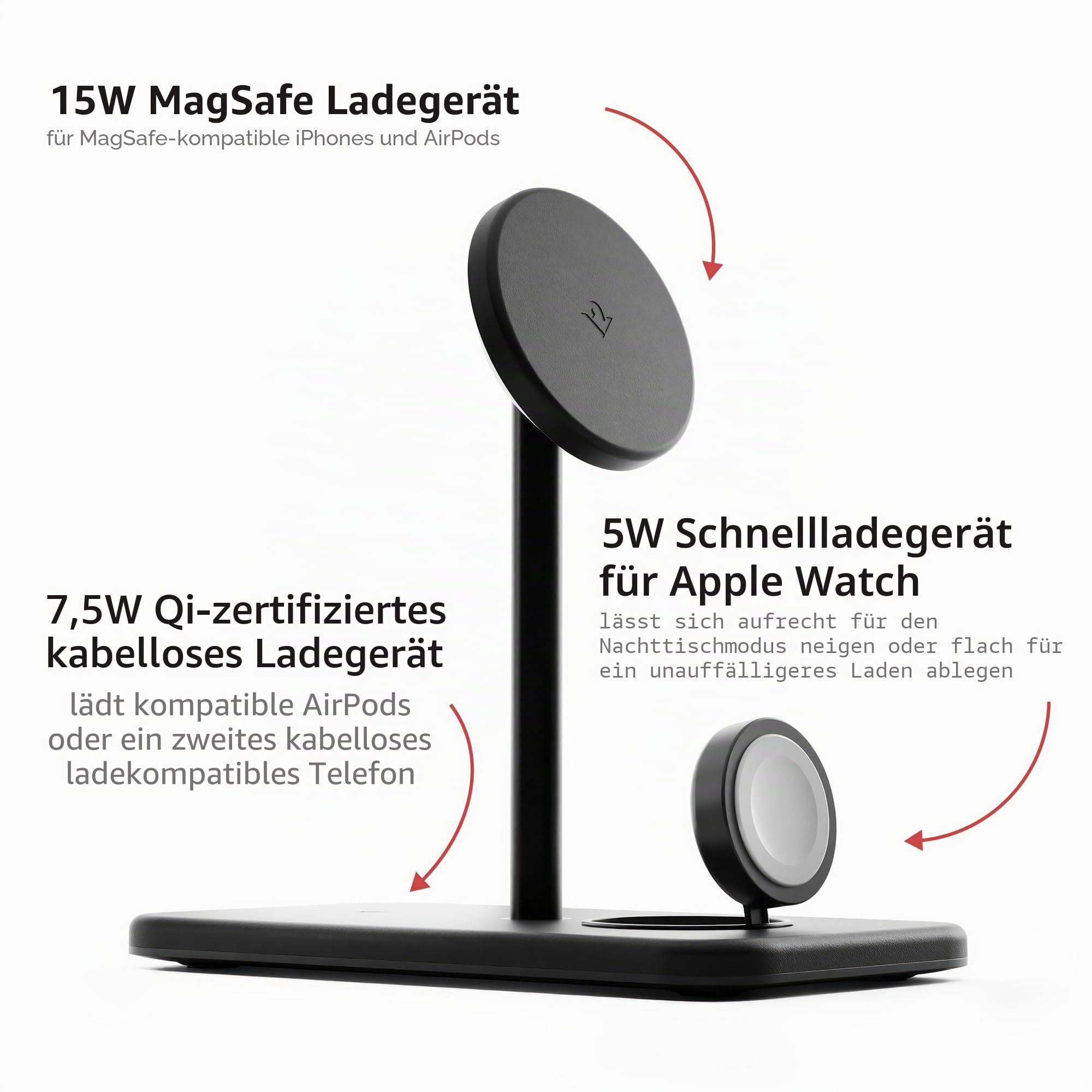 Twelve South HiRise 3 Deluxe | Compact Luxury MagSafe Stand for iPhone, AirPods and Apple Watch, Schwarz, TS-2303