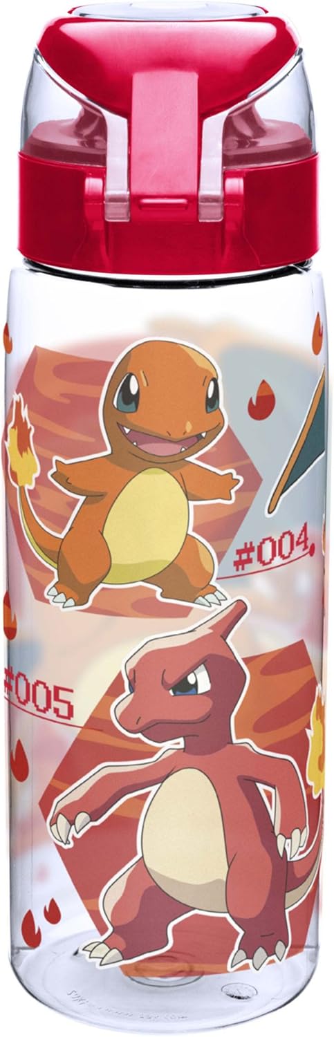 Zak! Designs Pokemon Reusable Tritan Plastic Water Bottle with Flip Top Cap, Featuring Charmander, Charmeleon, and Charizard BPA-Free and Break Resistant, 25 oz.