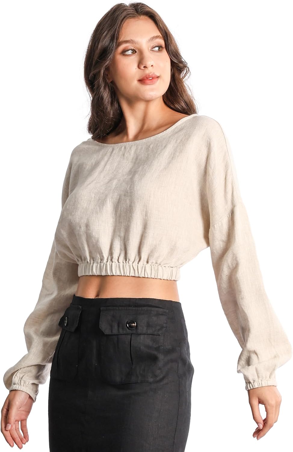 Women's Pure Linen Boat Neck Blouse Long Sleeve Cropped Elastic Cuffs and Hem Tops - Image 2