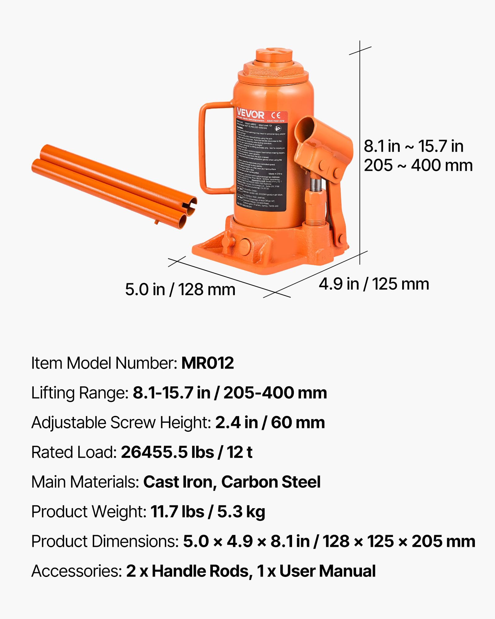 VEVOR Cric Bouteille Hydraulique avec Grande Capacité de 12 T, Cric de Levage pour Voiture Plage 20,5-40 cm, Construction Solide, pour Entretien Réparation Automobile SUV, Atelier Garage, Orange