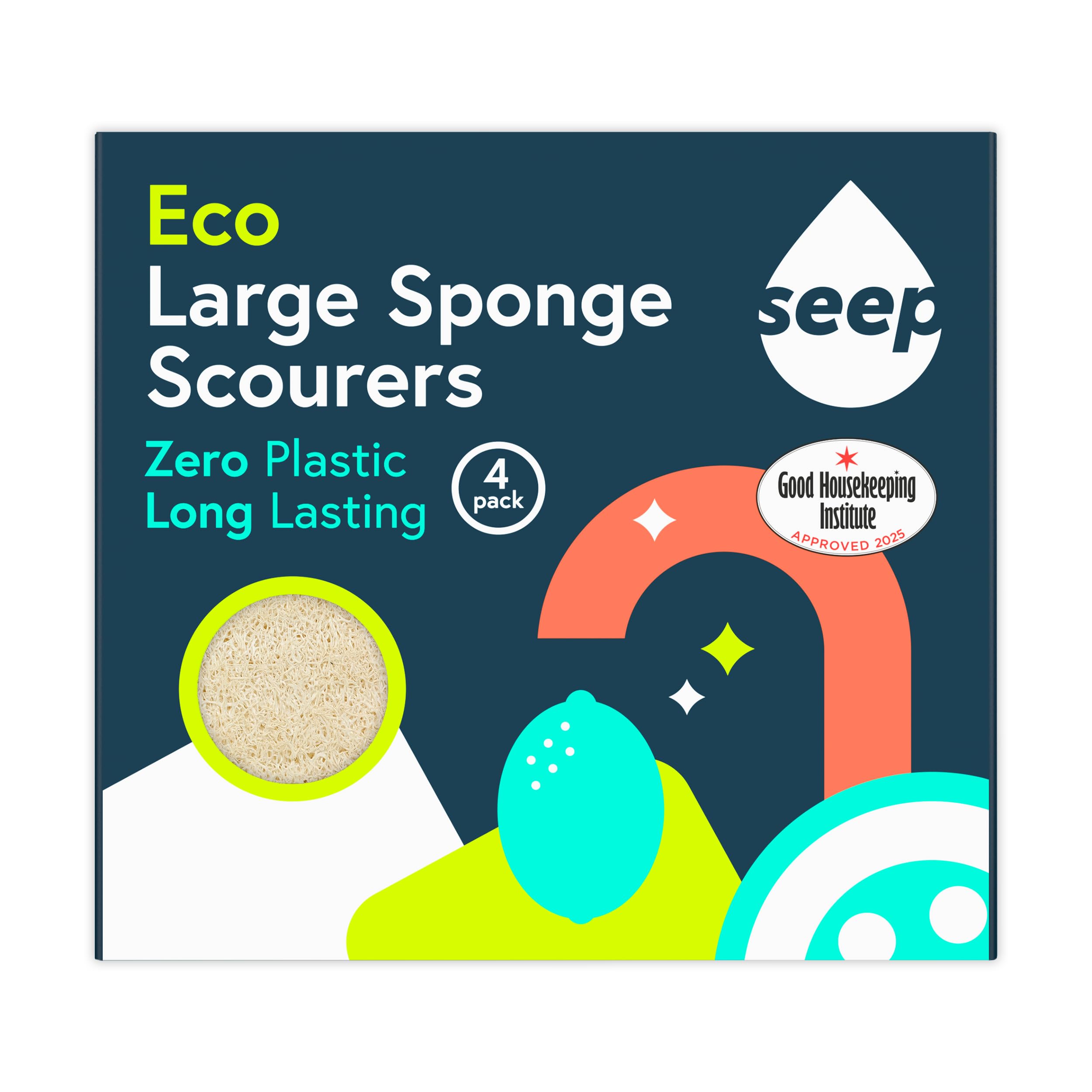 Seep White Eco Large Sponge Scourers, Pack Of 4, Plastic Free Compostable Sponge With Loofah Scourer And Cellulose, Zero Microplastics, For Kitchen And Bathroom