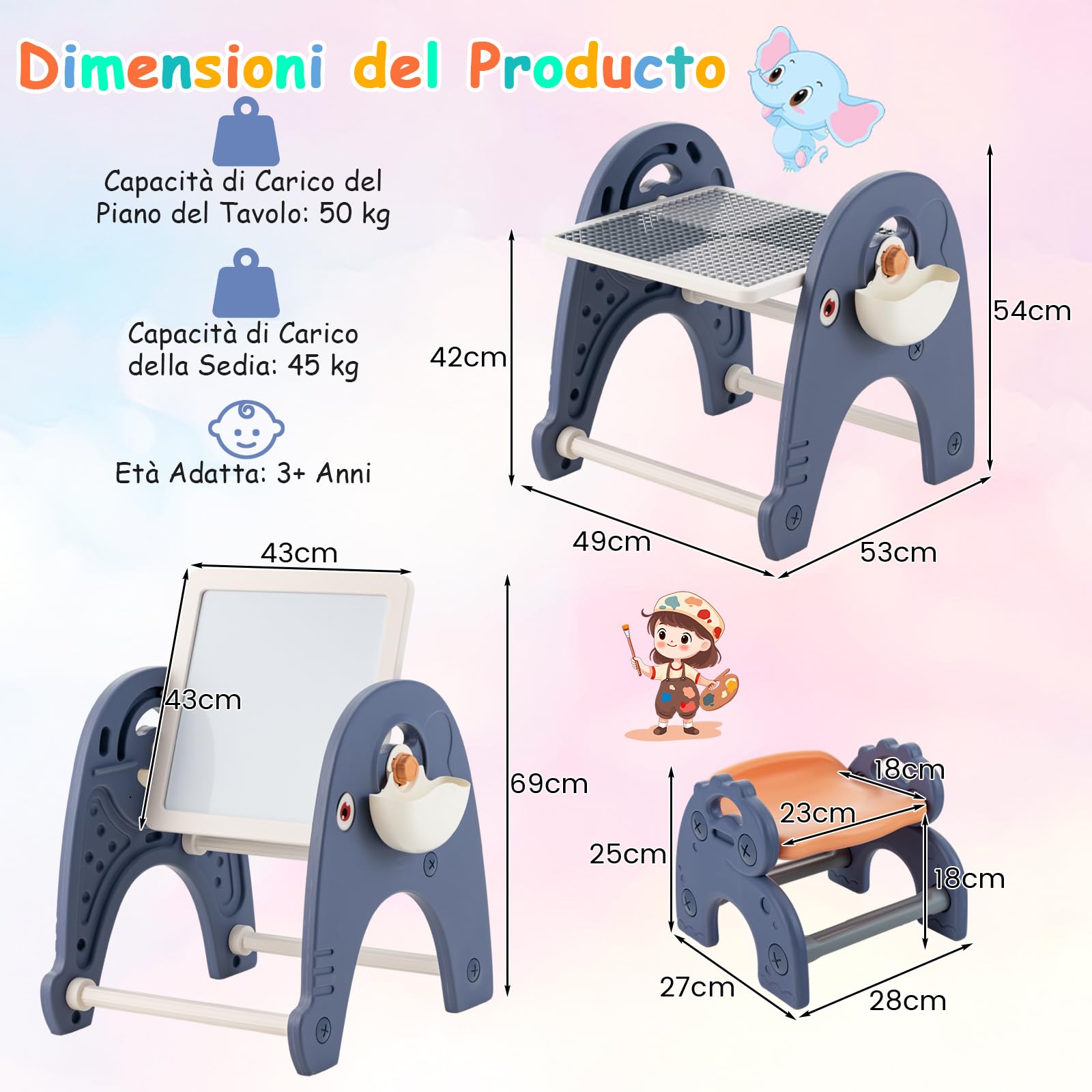 RELAX4LIFE Set di Cavalletto per Bambini con Sgabello, a Doppia Faccia con Lavagna Magnetica, Tavolo da Costruzione, Set Cavalletto per Bambini con Sgabello e Scatole Laterali