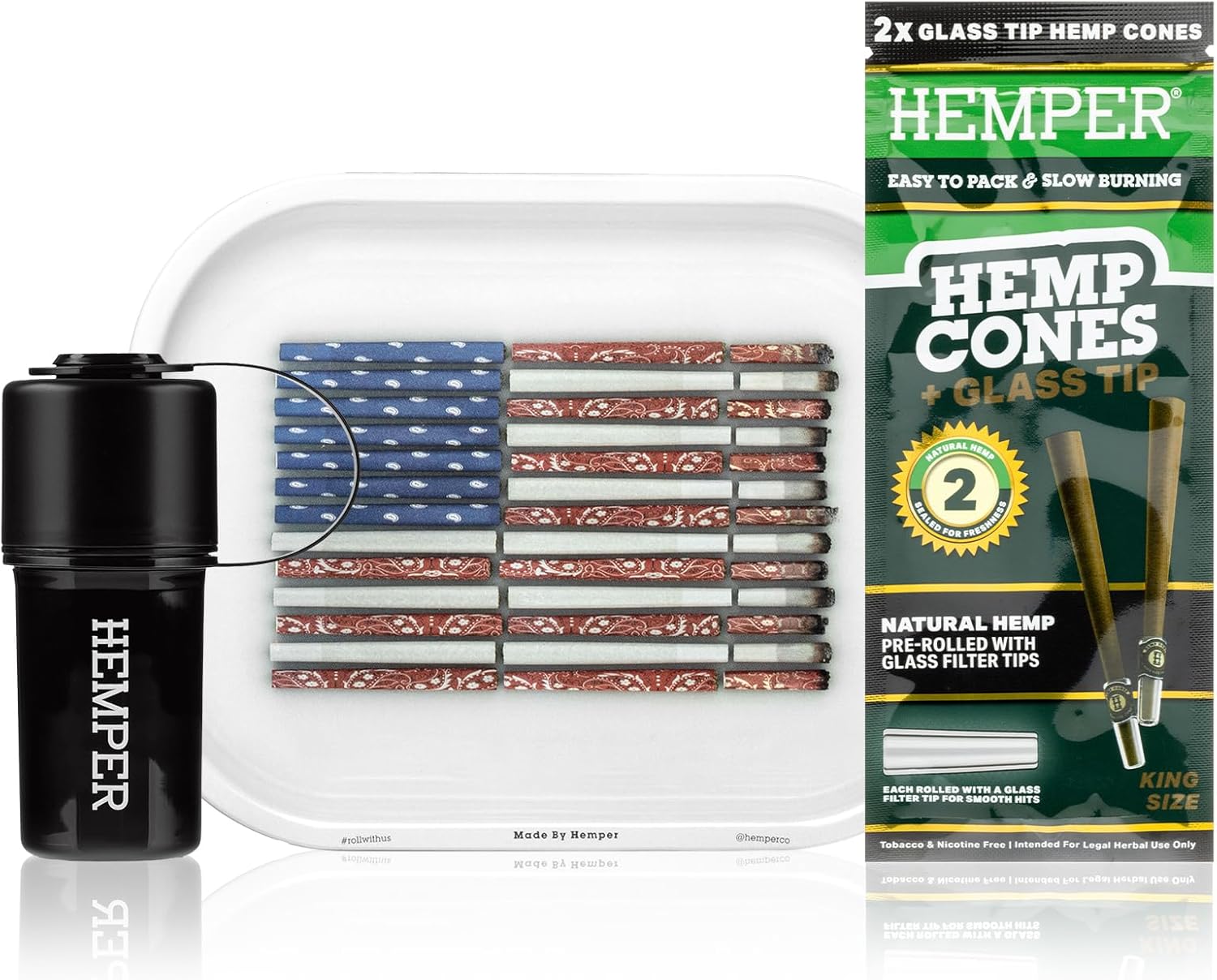 Hemper Keeper Black with Make America Lit Again Rolling Tray (Small) & 2PK King Size Pre-Rolled Cones 12ct (Natural) Bundle – 3‑in‑1 Herb Grinder, Compact Rolling Tray & Glass-Tipped Cones