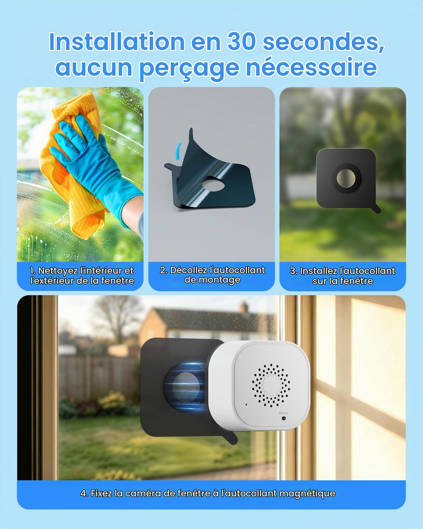 Camera pour Fenêtre 2K 3MP, Anti-Éblouissement, 2,4 & 5GHz Wi-FI | Antireflet, Vision Nocturne Couleur, Détection des Personnes/Véhicule, Enregistrement 24/7 Pour Appartement et Logement