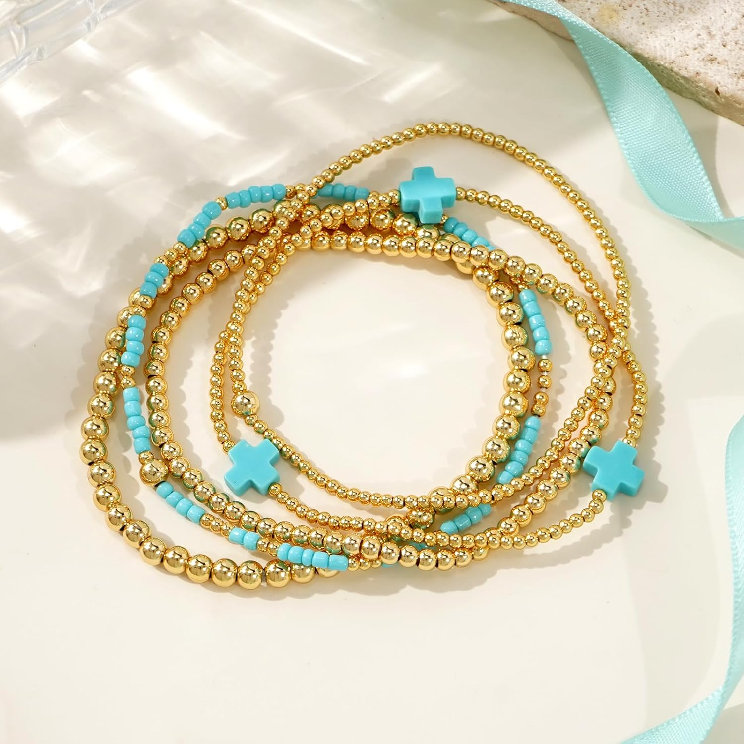 Gold Beaded Bracelets Set for Women 14K Gold Plated Beads Ball Bracelet Stack Dainty Boho Colorful Stretch Stackable Seed Bead Waterproof Non Tarnish Trendy Jewelry Accessories Gifts - Image 4