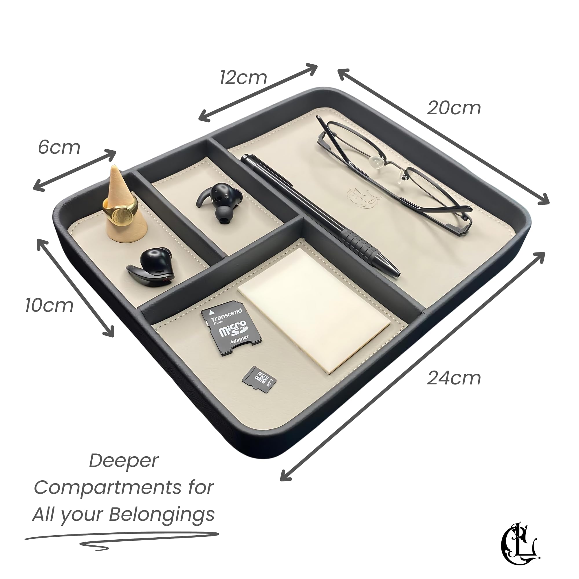 The Chill Tray - Desk Organiser Valet Tray - Premium Vegan Leather, EDC Catchall, Versatile Storage, Phone, Jewellery, Office Accessories, Keys, Watch, Bedside Table Caddy (Raven & Moonlight) - Image 4