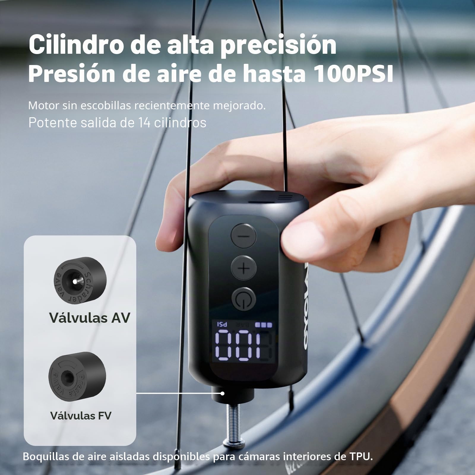 A5S Mini Bomba Bicicleta, Bomba de Aire Portátil para Bicicleta con Manómetro,100PSI Electrico Bicicleta con válvula Presta y Schrader,Parada Automática