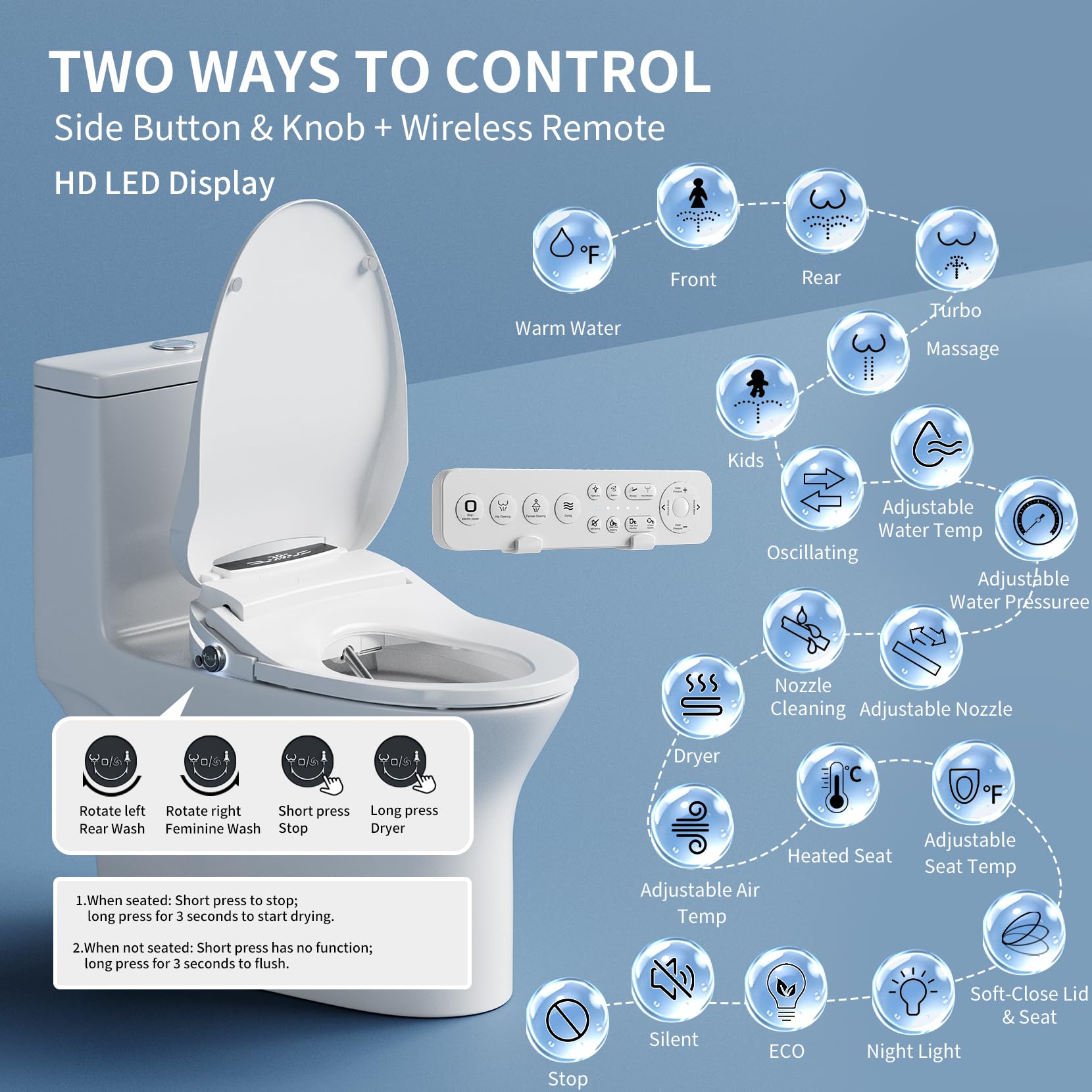 Sedile WC elettrico rotondo, lavaggio riscaldato, pulizia delicata, coperchio a chiusura lenta silenziosa, struttura robusta e durevole, sedile per bidet intelligente di lusso per bagno di