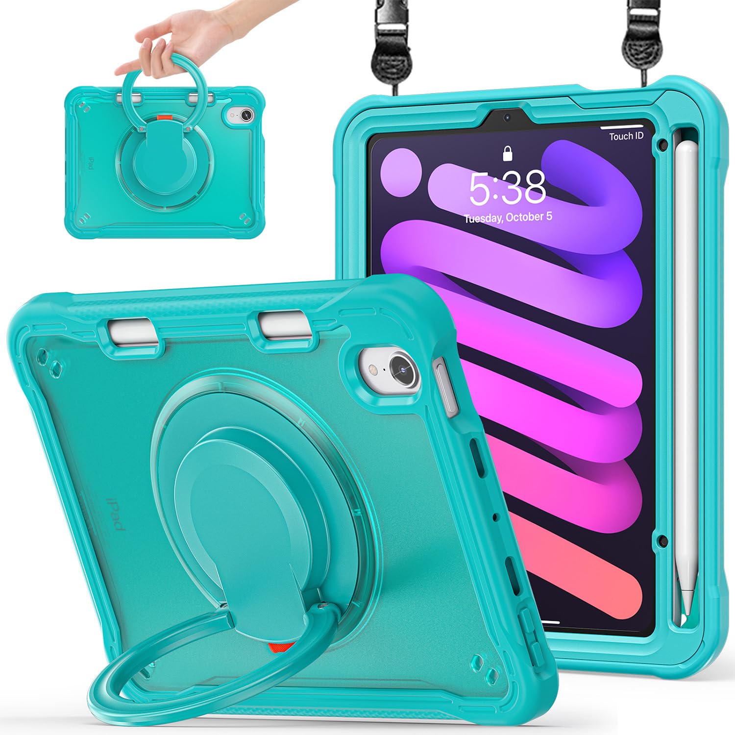 Miimall Case for Mini 7 A17 Pro, iPad Mini 6th/7th Gen 2021/2024 8.3-Inch, 360° Rotating Stand, Shockproof/Pencil Holder/180° Folding Handle Shell Protective Cover for Kids iPad Mini 6/7(Light Blue)