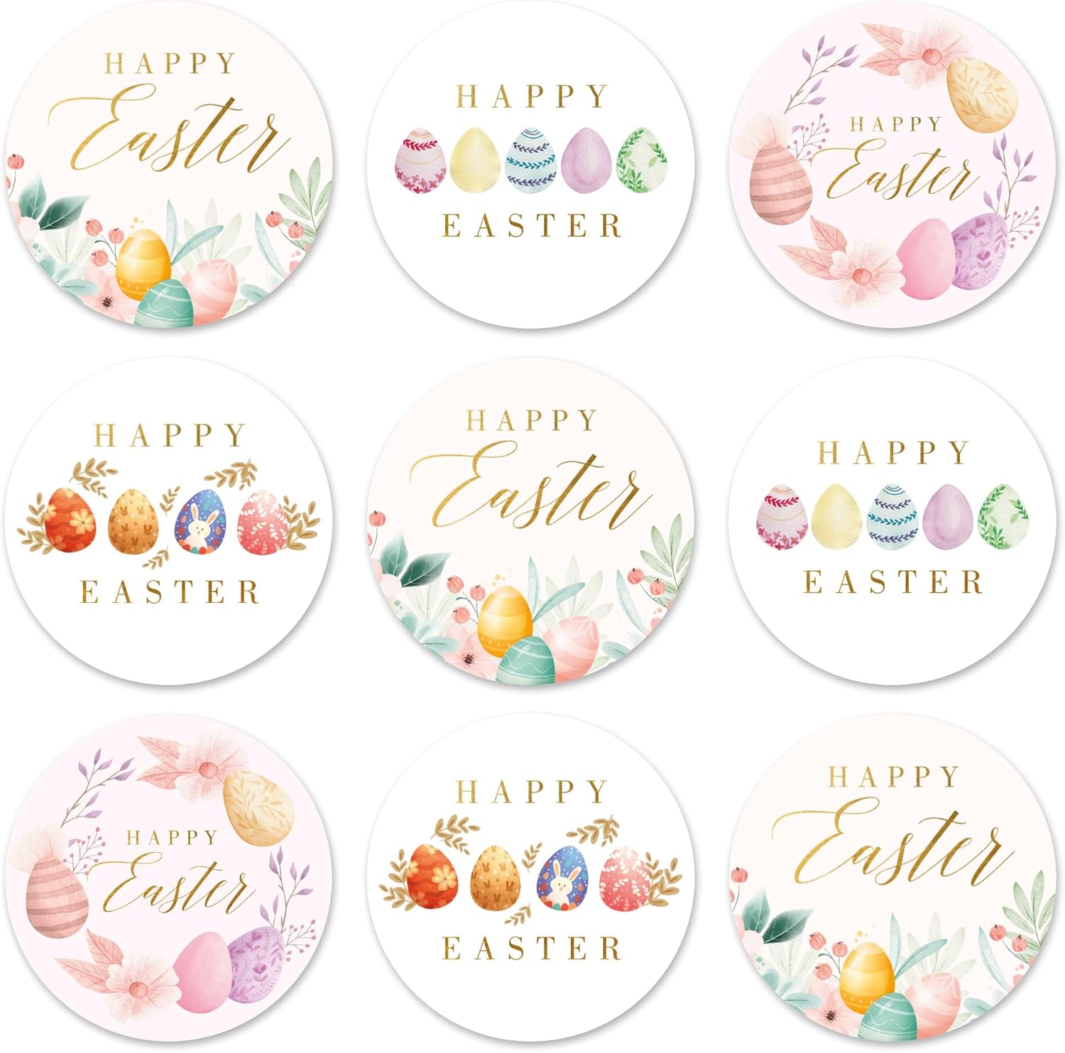 Mobiusea Creation Floral Easter Stickers | 135-Pack | 1.4 inch | Easter Floral Stickers | Watercolor Bunny Flowers Gold Foil Labels