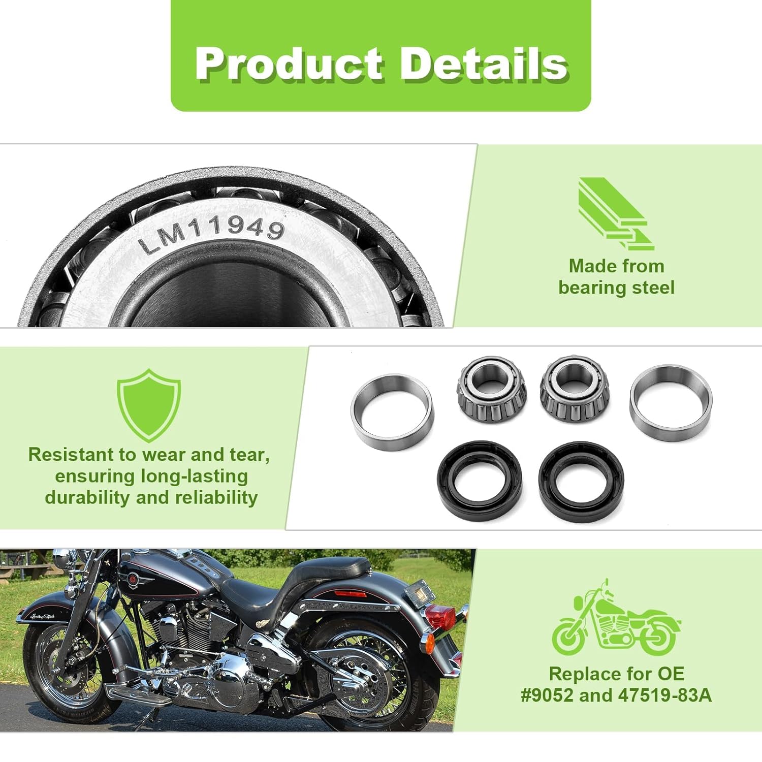 Mofun Wheel Bearing and Seal Kit Front/Rear Compatible with Harley Softail Dyna Sportster Road King Electra Glide 1973-1999, Replace #9052 and 47519-83A