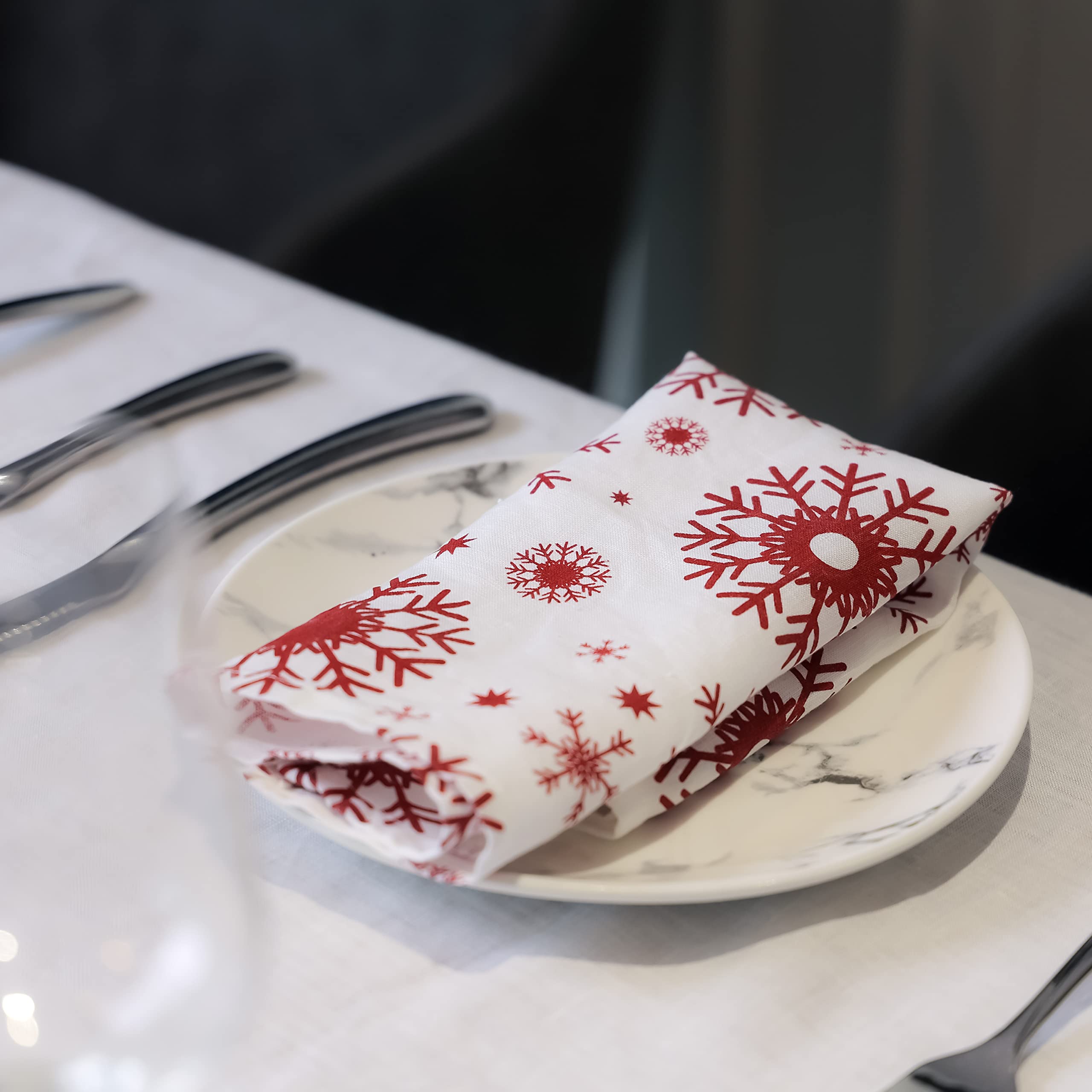 Lot de 6 serviettes en lin 100 % pur lin avec flocons de neige rouges de Noël, 38 x 38 cm, serviettes en lin européen, lavables et réutilisables