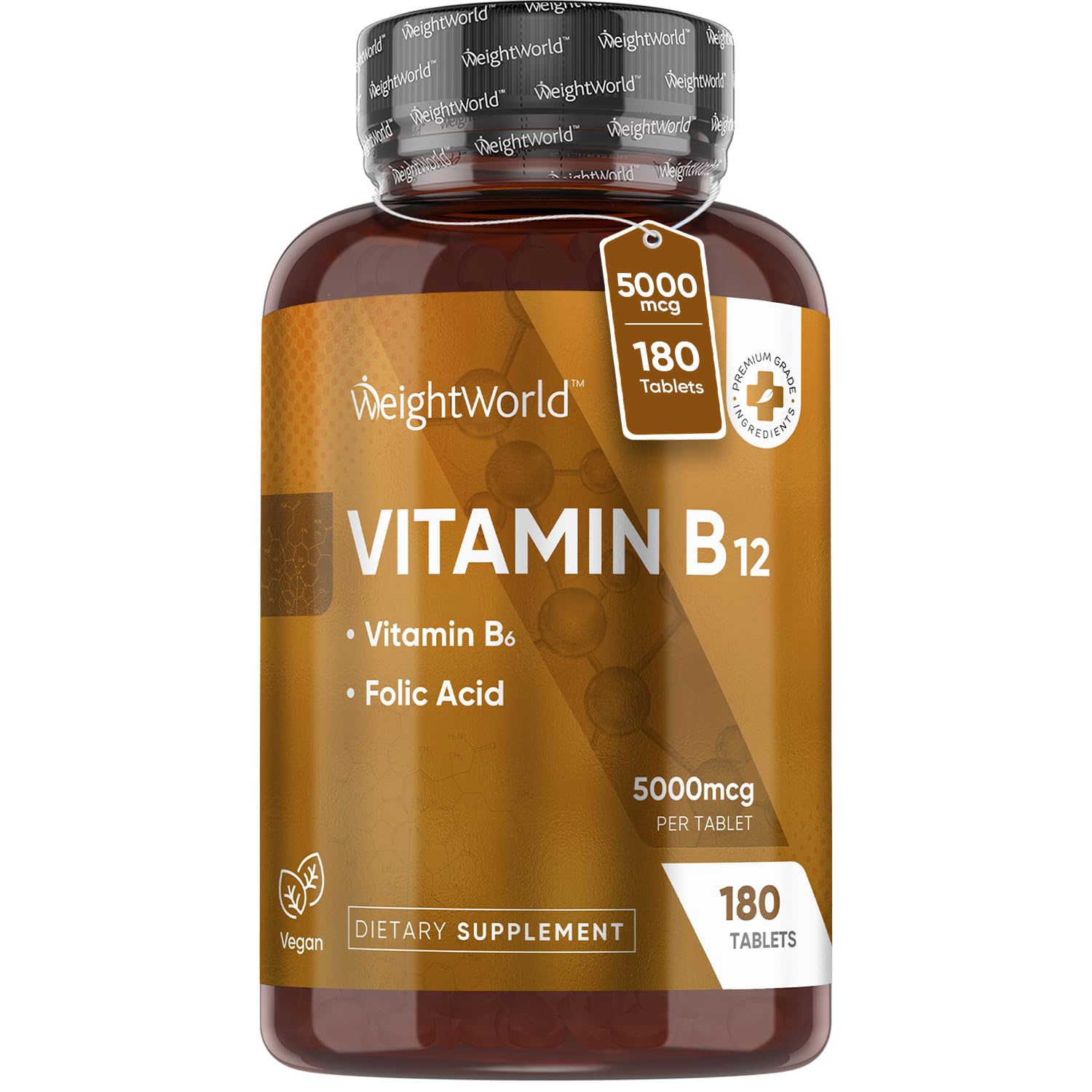 WeightWorld Vegan B12 Vitamin 5000mcg | 6-Month Supply | Vitamin B12 Methylcobalamin Form with Added Vitamin B6 & B9(Folic Acid) | Vitamin B Complex for Women & Men| 1-a-Day VIT B12 Supplement