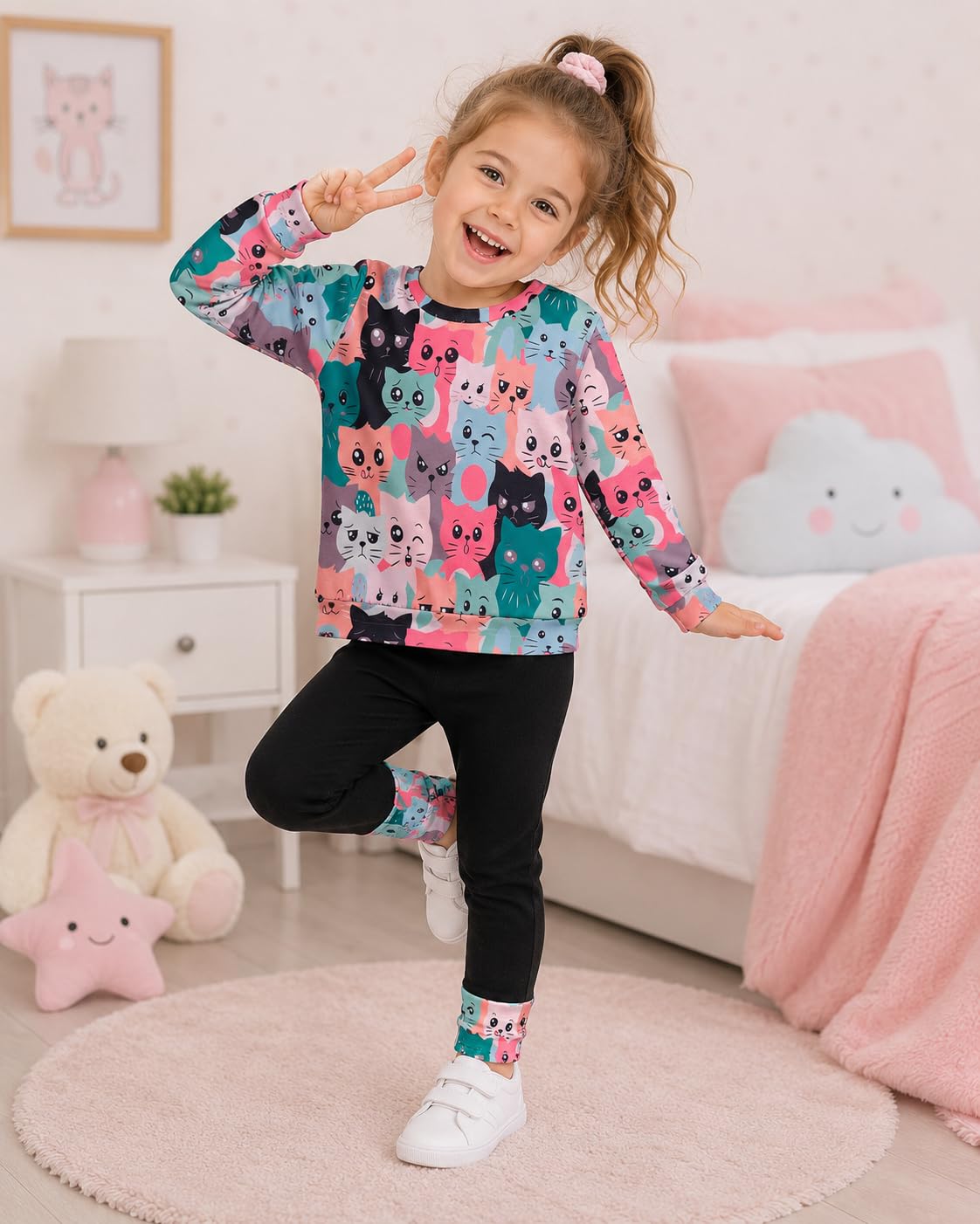 Set di 2 pezzi per bambine con maniche a volant e felpa con unicorno, top e leggings per la scuola, set di abbigliamento per bambini