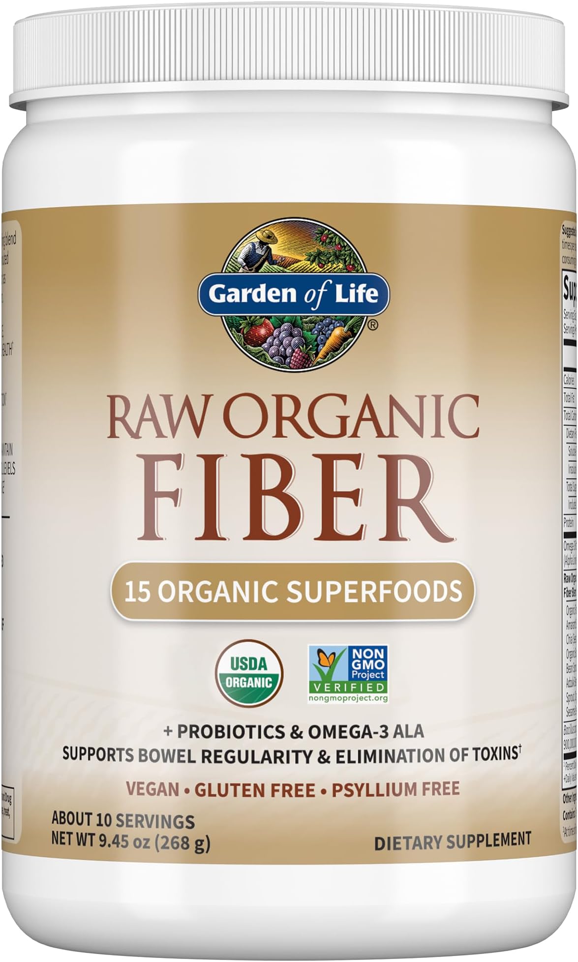 Garden of Life Raw Organic Fiber Powder, 10 Servings, 15 Organic Superfoods, Probiotics, Omega-3 ALA, 4g Soluble Fiber, 5g Insoluble for Regularity, Psyllium Husk Free