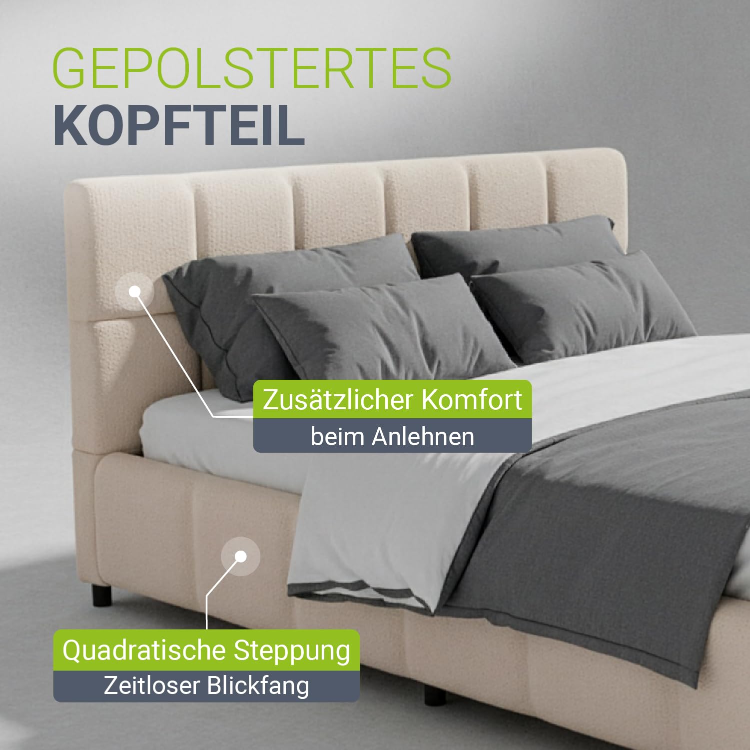 Juskys Polsterbett Florenz 140 x 200 cm mit Matratze – Bouclé, modernes Bett mit Kopf- & Fußteil, stabilem Holz- & Metallrahmen, Lattenrost, 500 kg Tragkraft – Beige