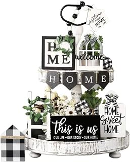 Tiered Tray Decor Set for Rustic Home Country Kitchen Dining Room Living Room Table Decorations Farmhouse Modern White and Black Tray Decorative with Wooden Beads and Board (No Tray)
