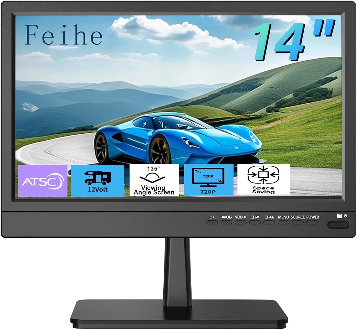 14 inch Small Kitchen TV—Digital ATSC Tuner, HDMI/USB/TF/Headphone Ports, Remote Control for Kitchen/Bedroom/RV