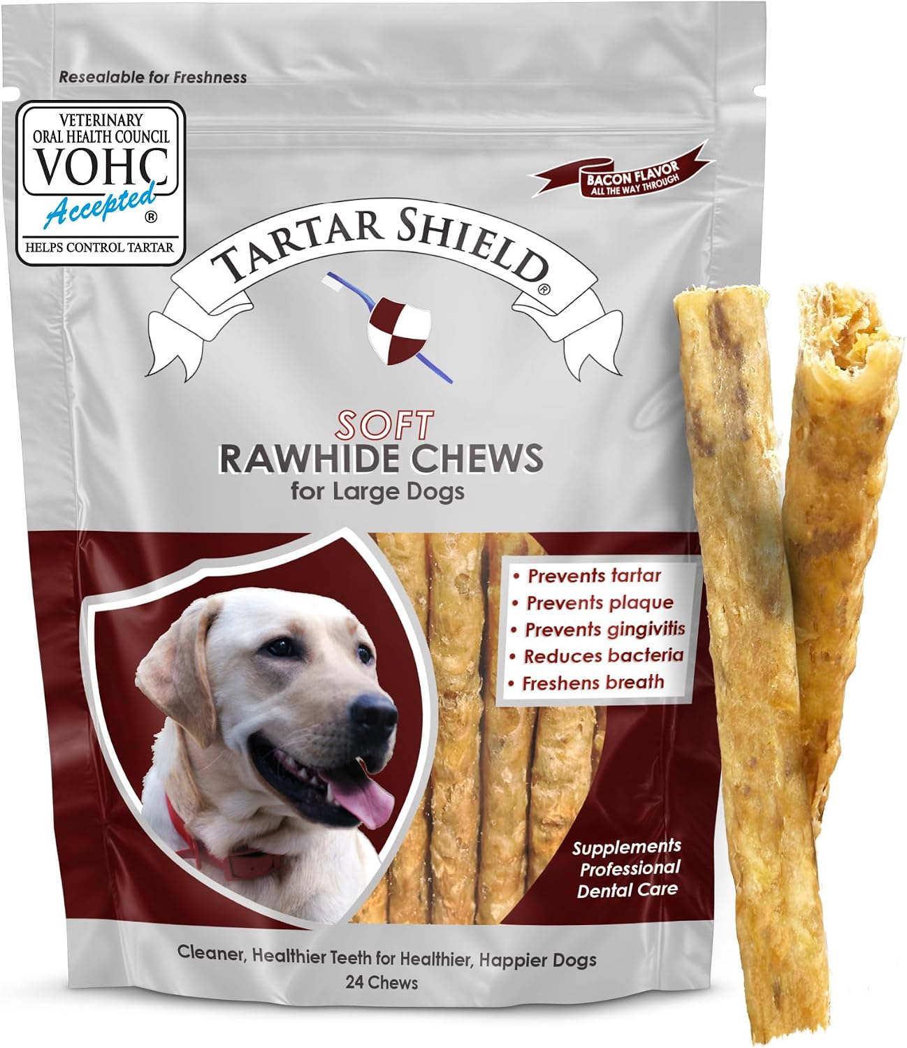 Tartar Shield Soft Rawhide Chews | Vet VOHC Approved Dental Treats for Large Dogs (24 Count)