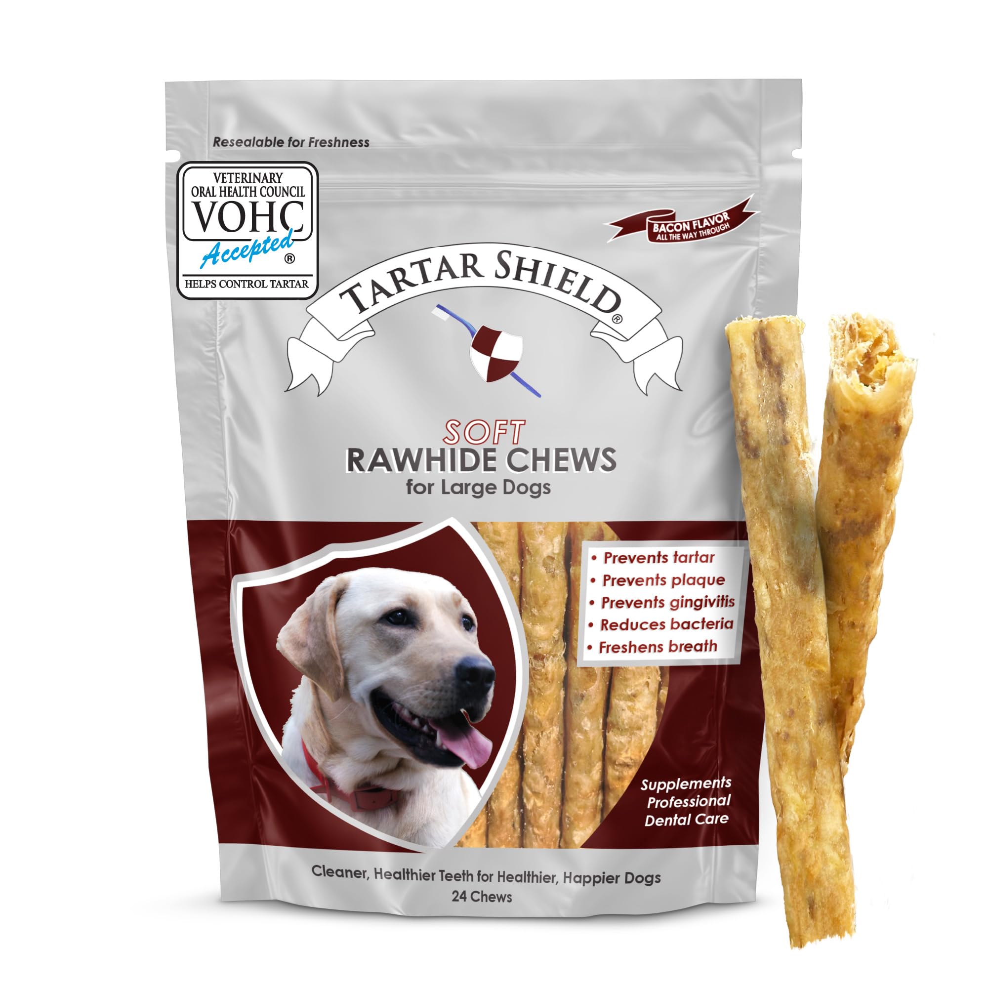 Tartar Shield Soft Rawhide Chews | Safe Dental Treats for Large Dogs | Vet VOHC Approved | Daily Bone Cleans Teeth & Gums Fresh Breath Oral Health Support | USA Made | (Large Dogs / 24 Count)