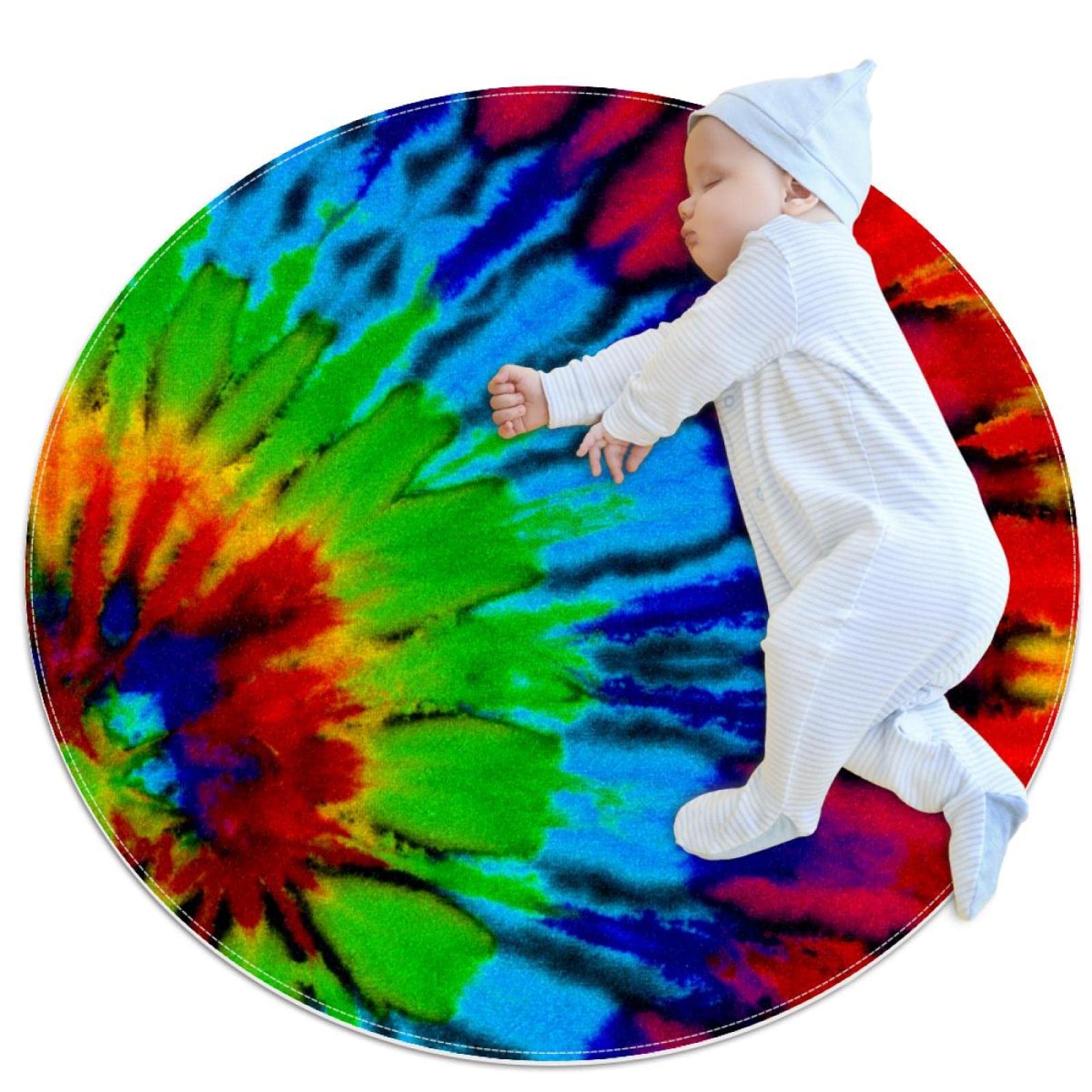 Tapis de jeu pour enfants JDEZ imprimé Tie Dye rond 80x80cm pour chambre fille garçon