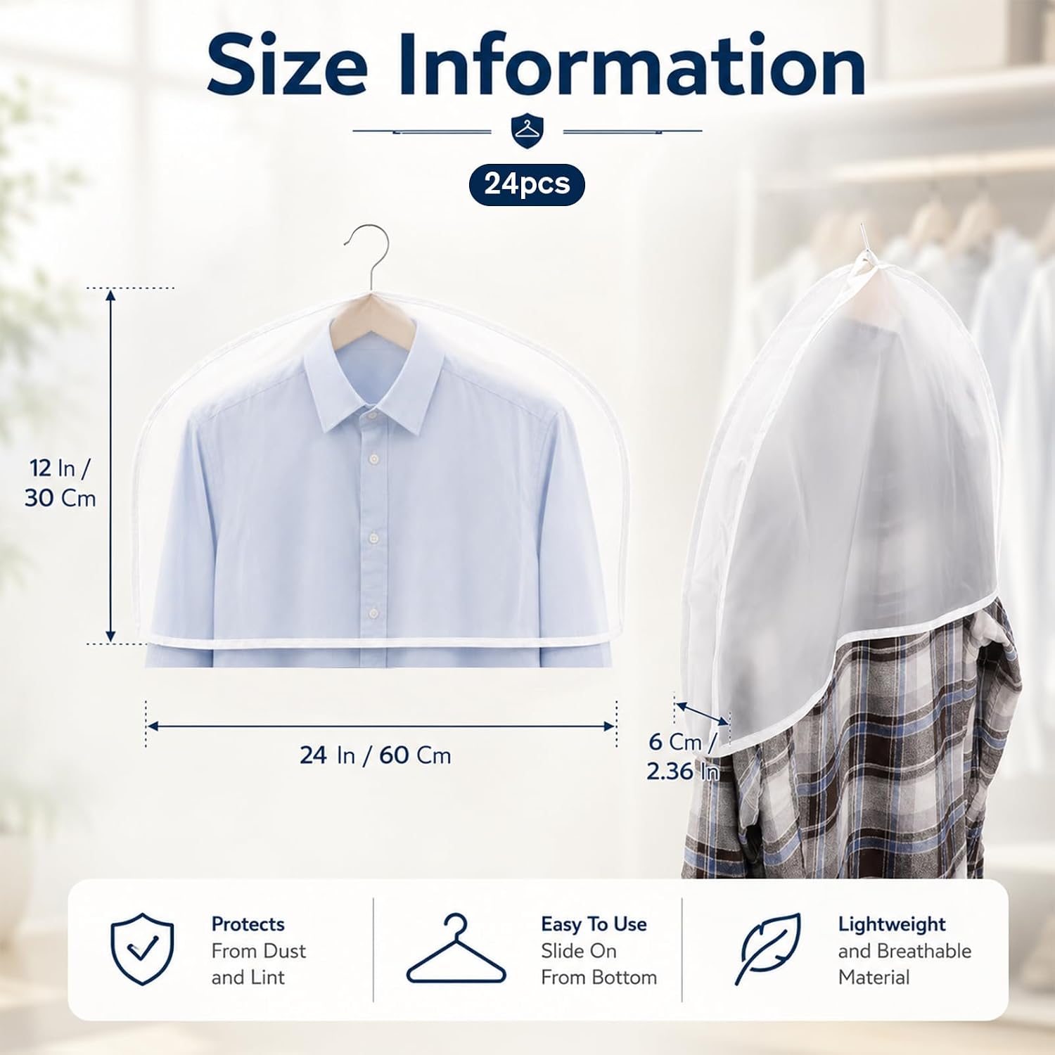 24 Pcs Shoulder Covers, 24 x 12 x 2.4 Inch Garment Shoulder Dust Covers PEVA Translucent Plastic Clothes Cover for Closet Storage, Suit, Coat, Dress