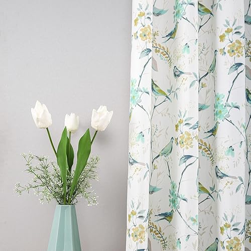 Leeva Cortinas y cortinas de pájaros para sala de estar, juego clásico de lino texturizado con ojales para habitación del bebé y dormitorio, 2