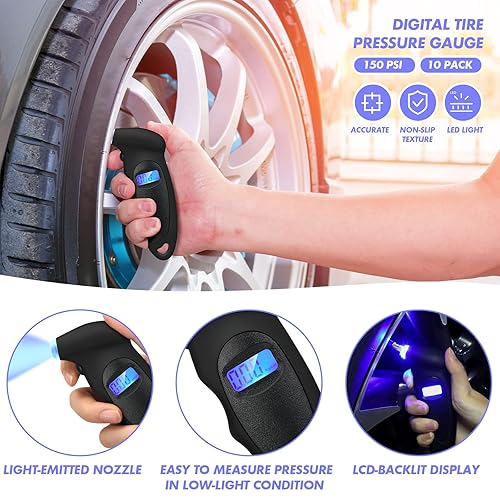 Miniatura 2 de 10 medidores digitales de presión de neumáticos, 150 PSI, 4 ajustes para automóvil, camión, motocicleta, bicicleta con boquilla iluminada, LCD