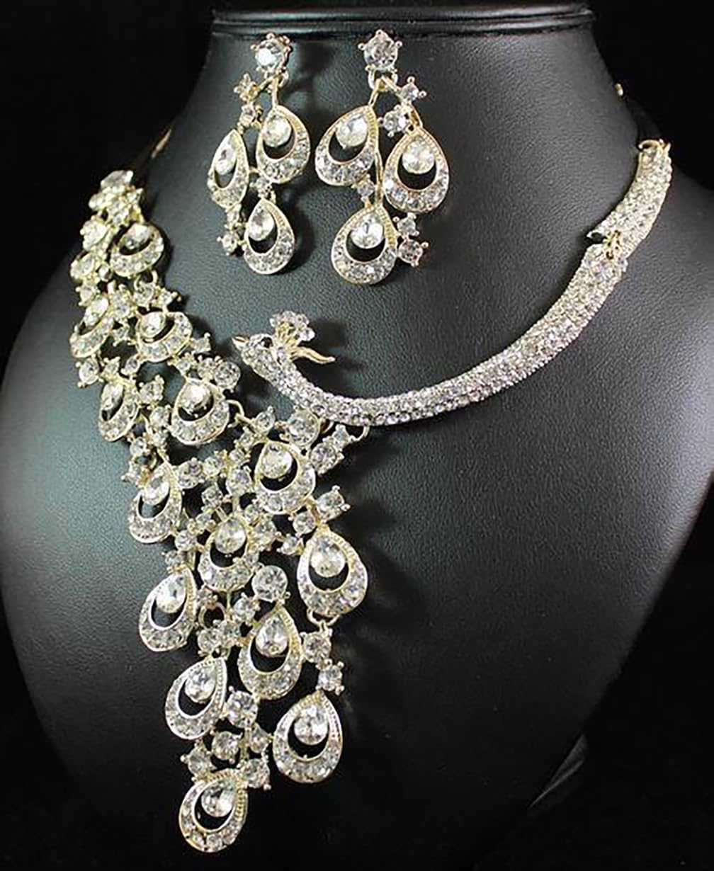 Peacock Clear White Austrian Rhinestone Crystal Bib Statement Necklace Earrings Set Jewelry Set Party Bridal Set Wedding N1391