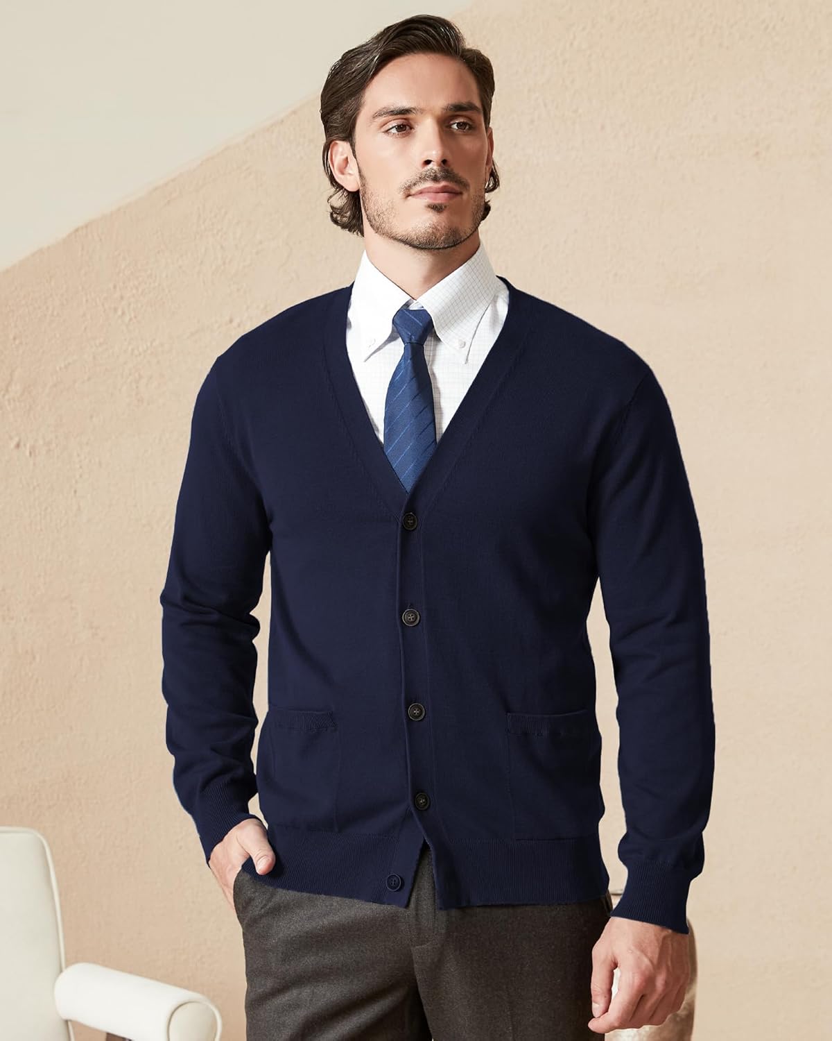 Kallspin Men’s Pure Cotton Cardigan Sweater V-Neck Button Down Cardigan Lightweight Knitwear with Pockets - Image 7