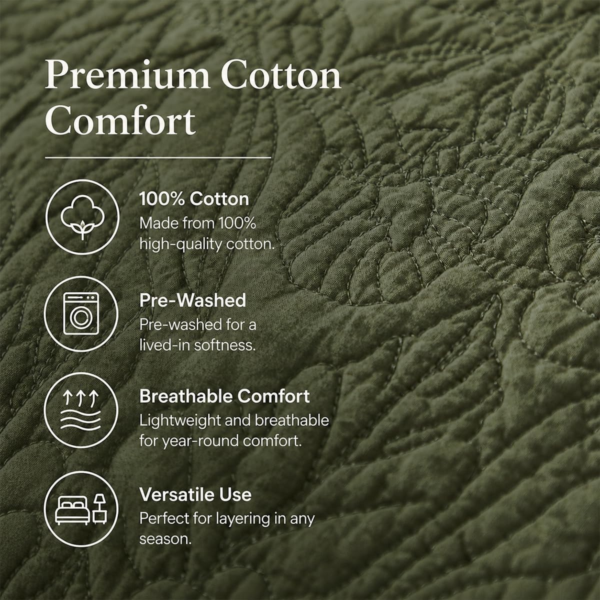 Brandream Olive Green Botanical Quilt Set King Size Cotton Cottage Sculpted Floral Vine Stitching 3-Piece Quilt Bedding Set
