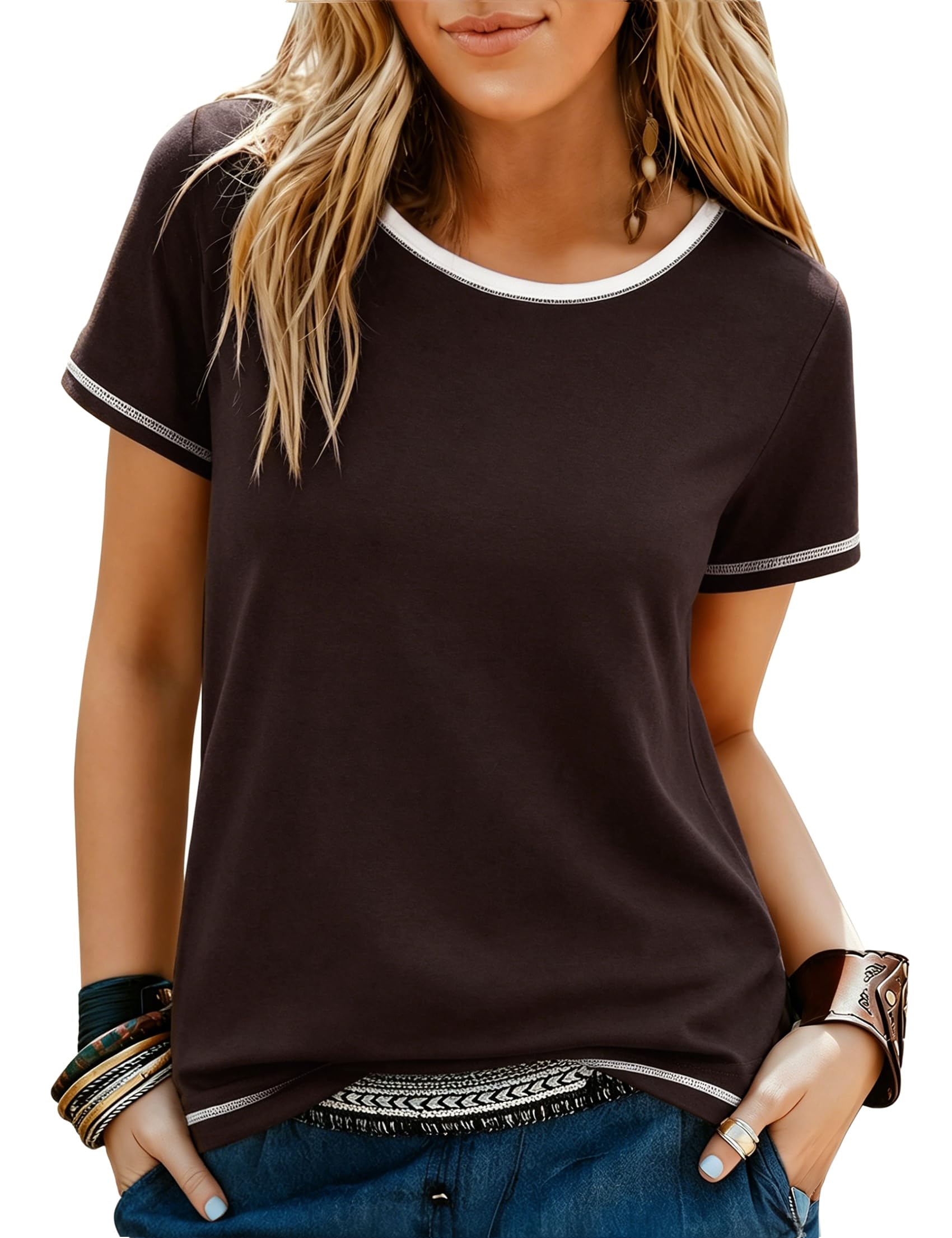 Terecey Oberteile Damen Sommer T Shirt Mit Kontrastpaspel Rundhals | 65 % Polyester Und 35 % Baumwolle, Regular Fit Mit Kontrastpaspel, Ideal Für Alltag Büro Und Freizeit.