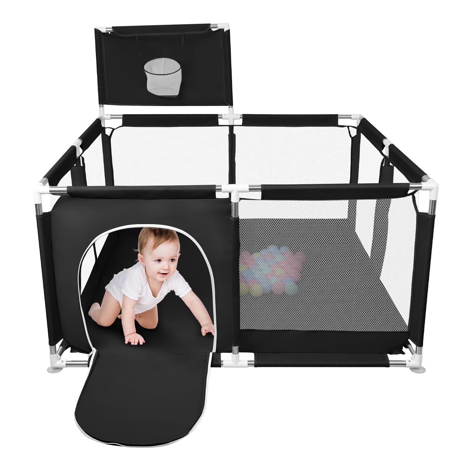 Box per Bambini con Succhiatori, Versione potenziata 2025 Recinto per Baby Tessuto Oxford 300D, Centro Attività per Bambini, Facile da Montare e da Pulire-126 * 126 * 66 cm - Nero