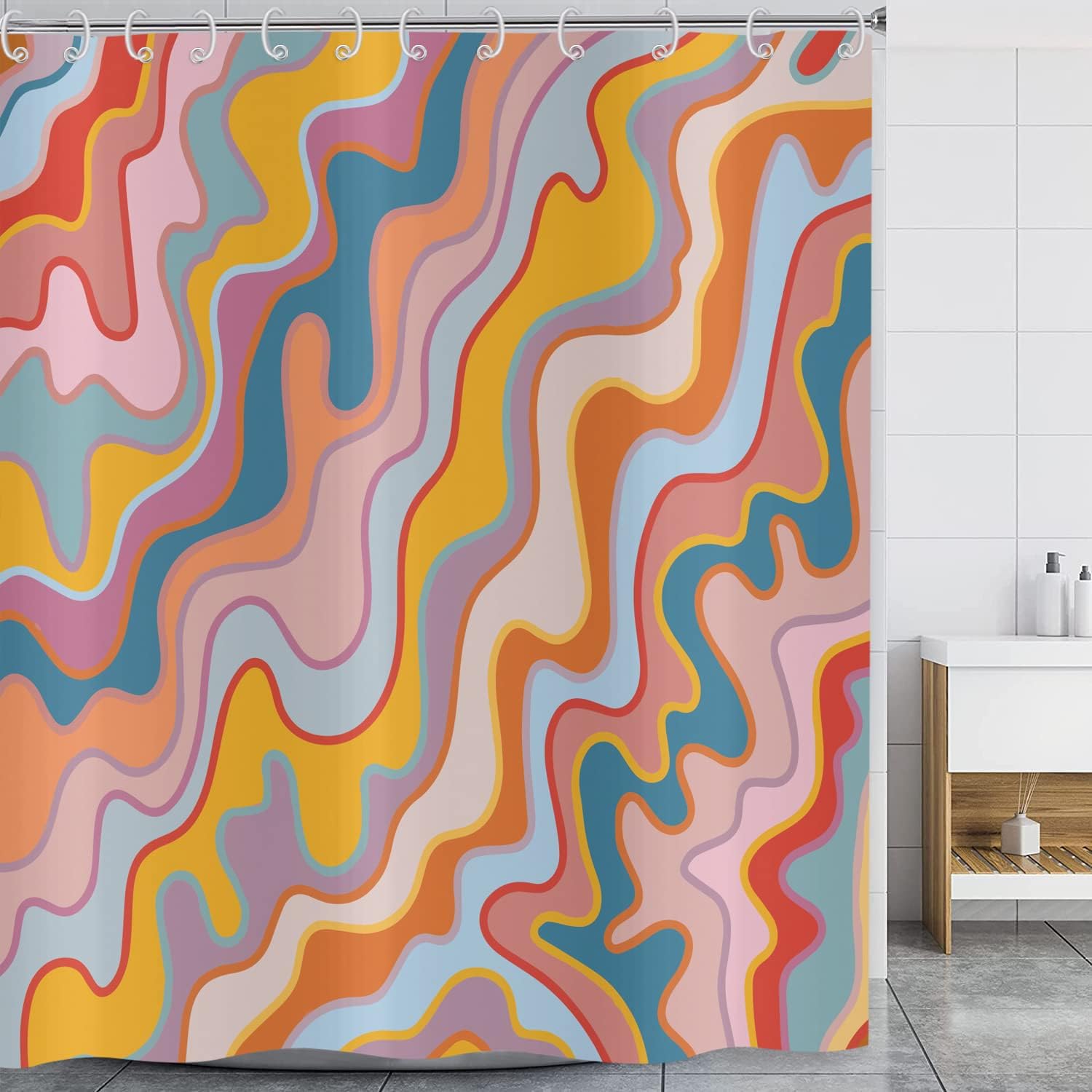 YEGRFJIS Retro 70s Abstract Wavy Shower Curtain 100x150cm(WxL) – Colorful Fluid Pattern Bathroom Curtain, Waterproof Polyester Shower Curtain and Bathroom Curtain for Home Decor
