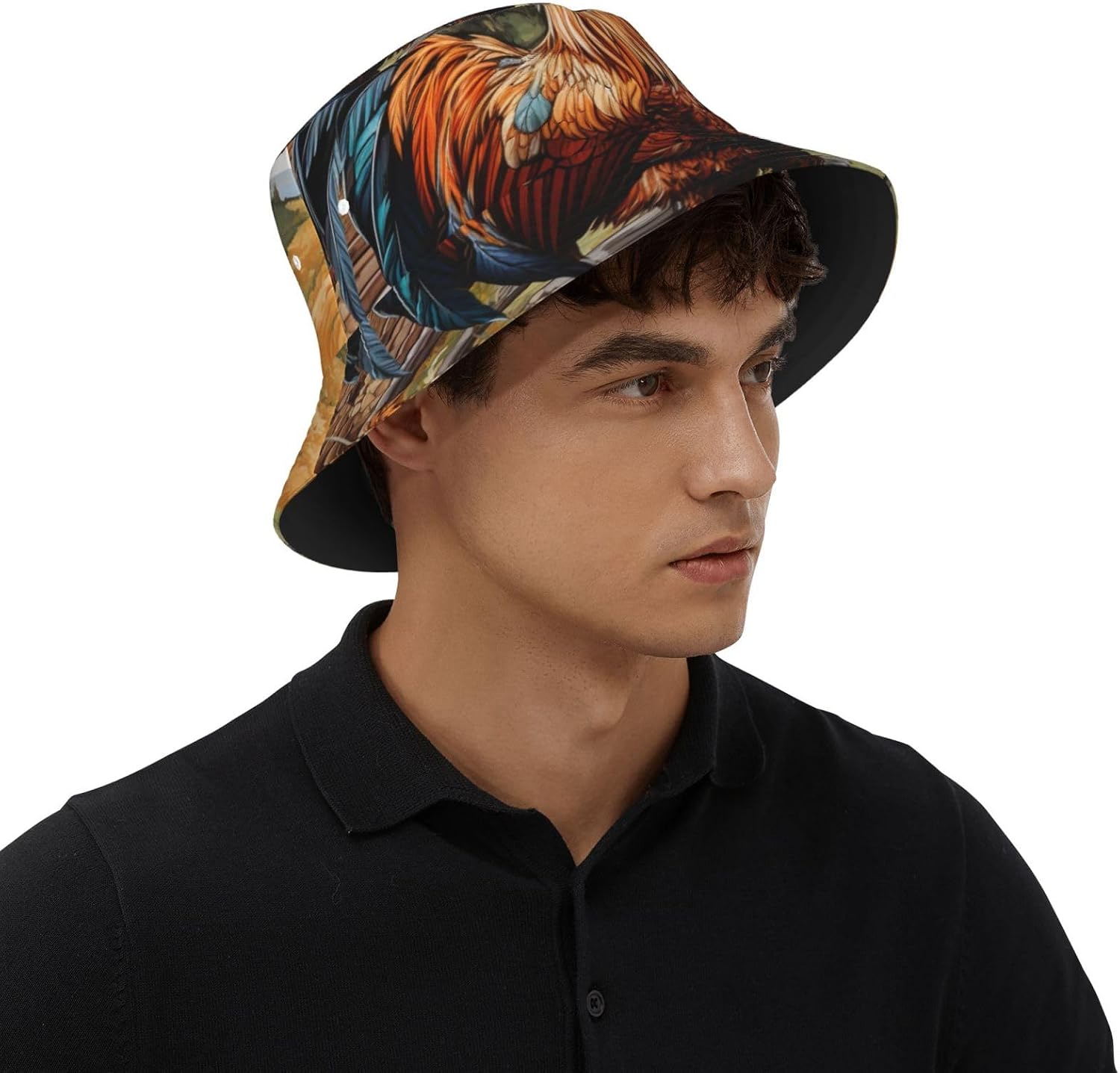 Rooster On Wood in Farmland Print Sun Hat Outdoor Fisherman Cap Summer Bucket Hat Beach for Men Women Black