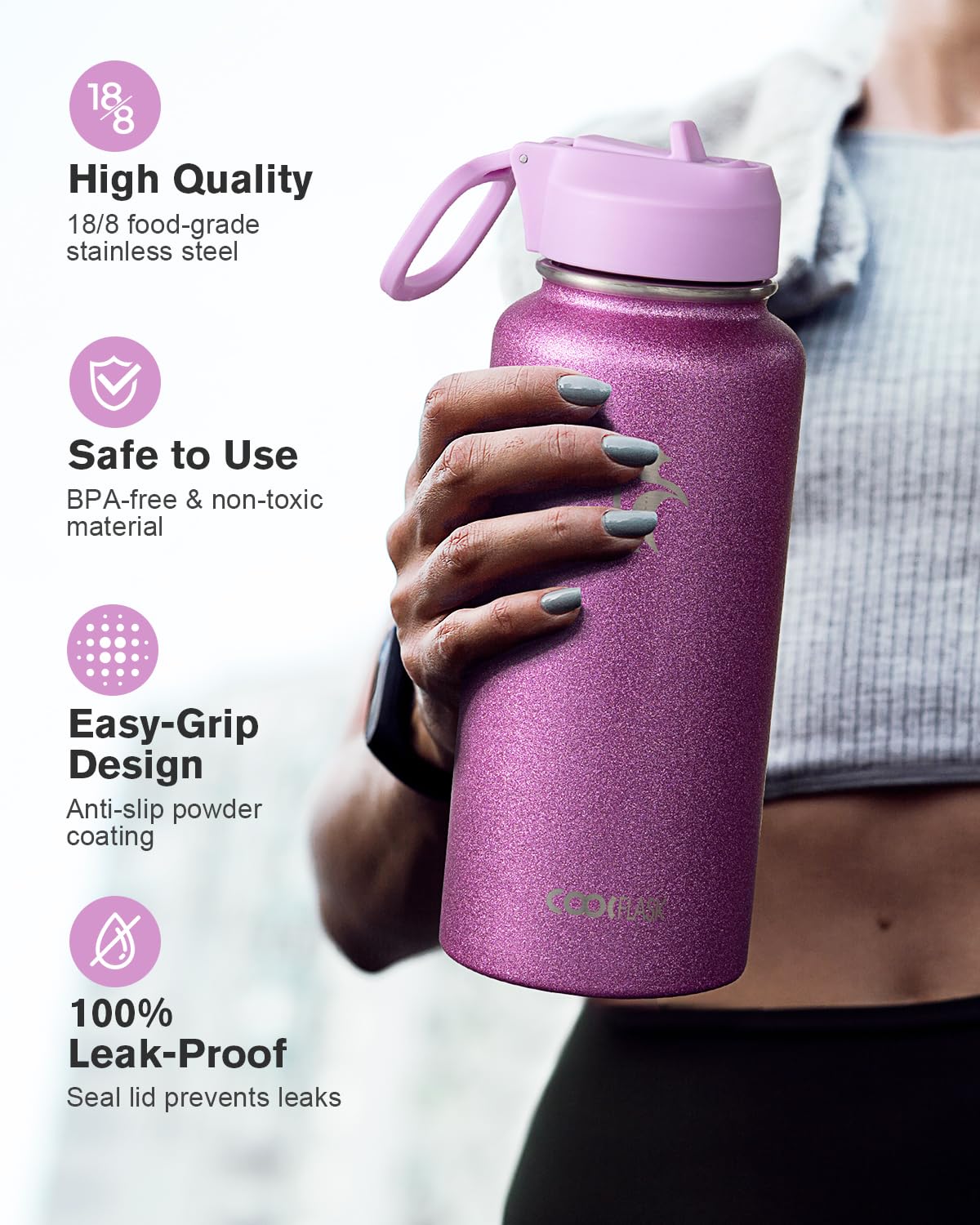 Coolflask Borraccia termica con cannuccia, in acciaio inox, con 3 coperchi, imboccatura larga, per sport o ufficio, senza BPA, mantiene il freddo fino a 48 ore o caldo fino a 24 ore, rosa glitterato