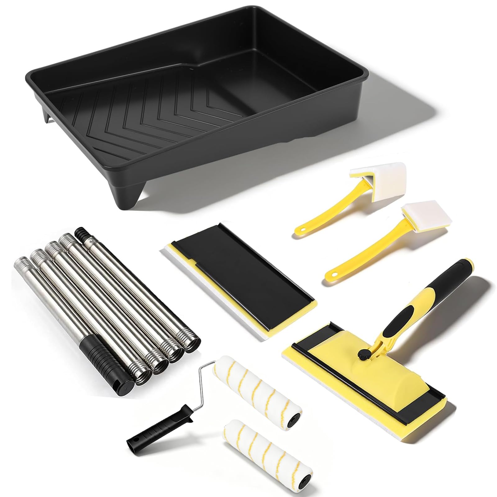 Paint Pads For Walls and Ceilings,Paint Pad with 1.2M Extension Pole And 2pcs Replacement, Paint Pad Set with 9 Inch Paint Tray,Paint Roller Brush,Paint Edger Tool & Triangular Brush for Wall Painting
