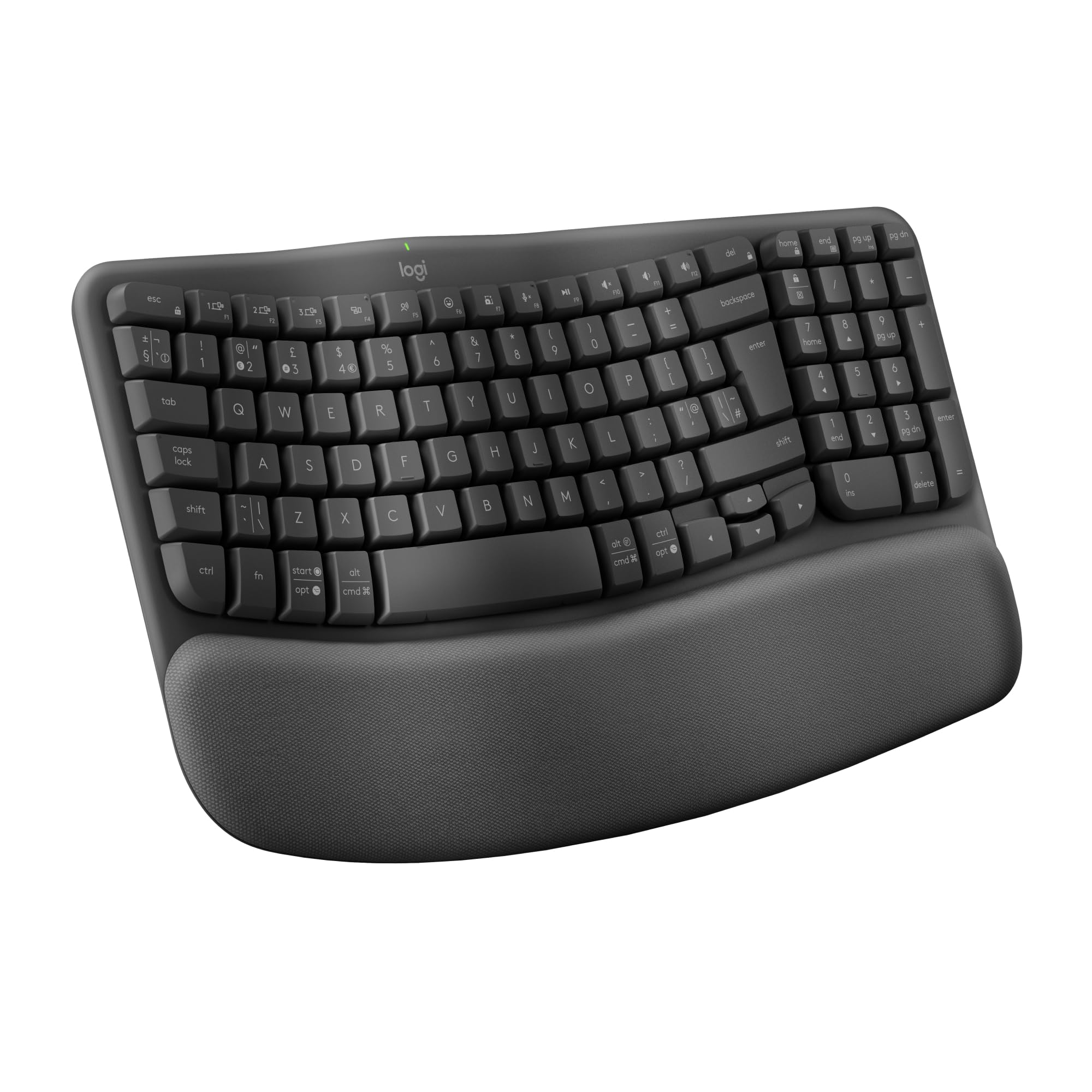 Logitech Wave Keys Wireless Ergonomic Keyboard with Cushioned Palm Rest | Comfortable Natural Typing, Easy-Switch, Bluetooth, Logi Bolt Receiver, Multi-OS, Windows/Mac, UK English QWERTY - Graphite
