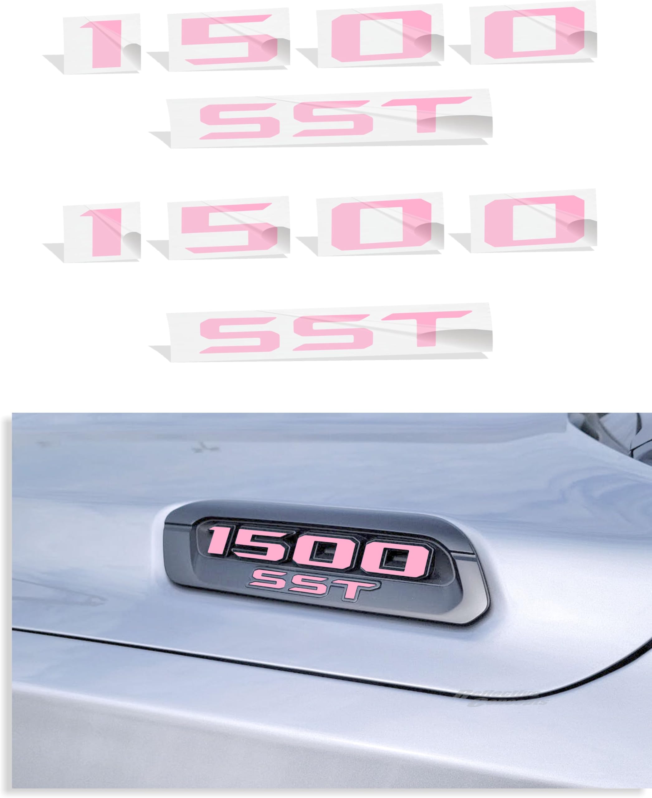 1500 SST Hood Emblem Overlay Decal Stickers - 2025 Ram 1500 Bighorn, Laramie and Warlock w/3.0 I6 Hurricane (Color: Pink)
