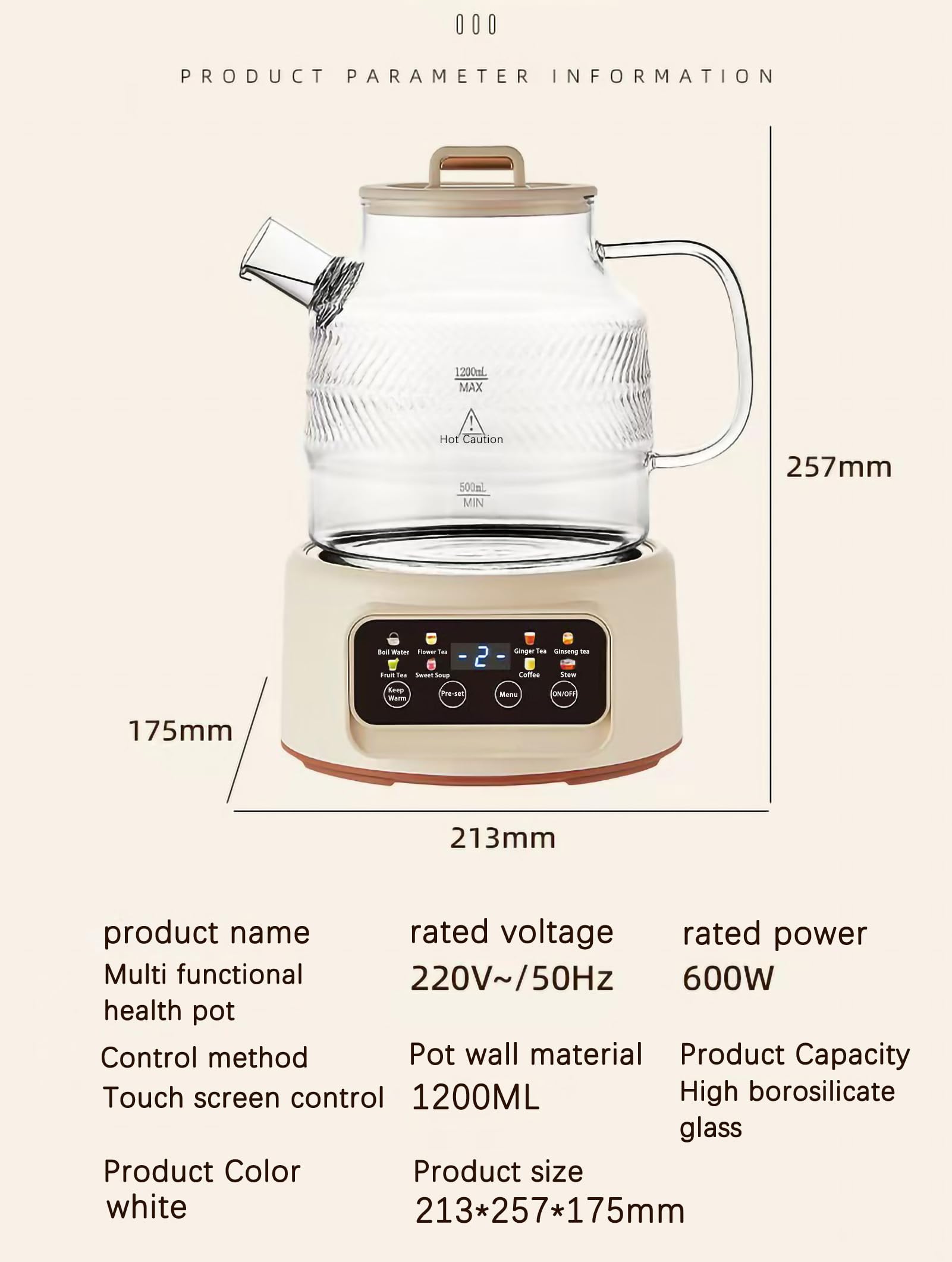 Théière Électrique Multifonction 1200ml, 8 Modes de Préparation, Base Chauffante avec Écran Digital, Carafe en Verre, Blanc