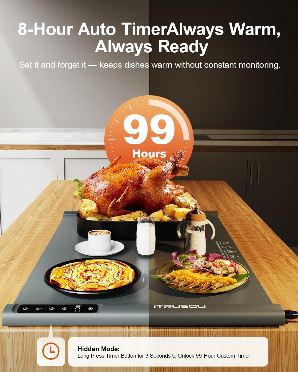 iTRUSOU Food Warming Mat with various dishes and a digital display showing a 99-hour timer.