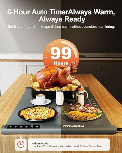 Miniatura 3 de Tapete de calentamiento de alimentos de 25.2 x 16 pulgadas, bandeja de calentamiento eléctrica enrollable extensible con 7 ajustes de temperatura,