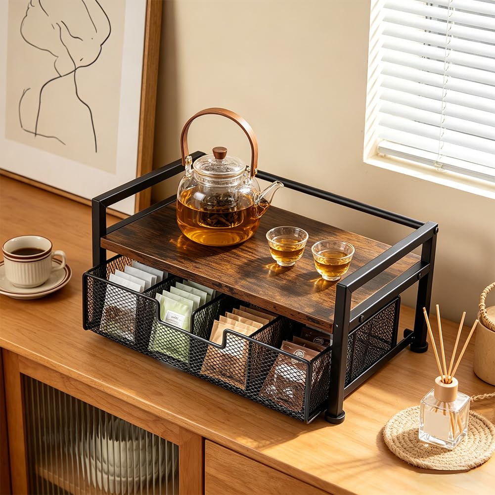 UNICRAFTALE Organisateur De Sachets De Thé en Bois avec Tiroir 8 Compartiments Station De Thé Rustique Bo?Te De Rangement pour Comptoir Cuisine Bureau Caddy à Thé Multifonctionnel 33x20x15cm