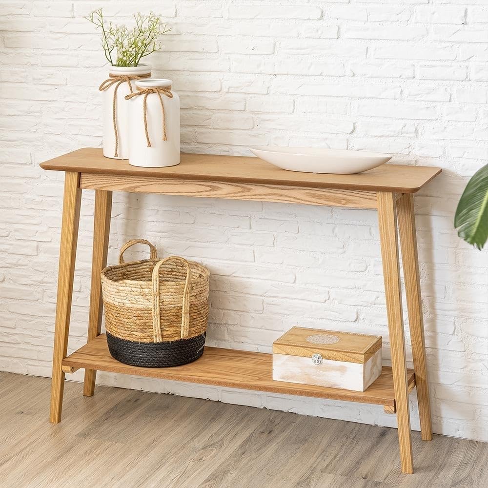 LOLAhome - Consola de Estilo nórdico en Madera Natural de 100x30x72 cm. Diseño de líneas Rectas con Estante Inferior para Entrada o Dormitorio. Aporta un Toque cálido, Moderno y Acogedor.